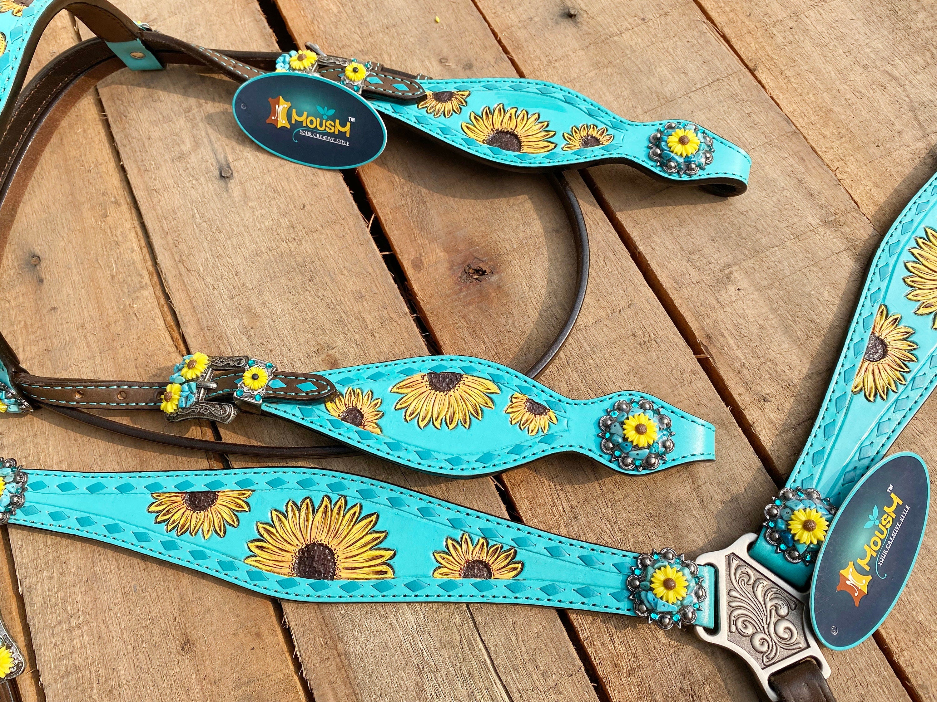 MOUSM Western Horse Tack Collection – Western Bridles and Headstalls Decorated Hand-Tooled Sunflower & Turquoise Concho Design