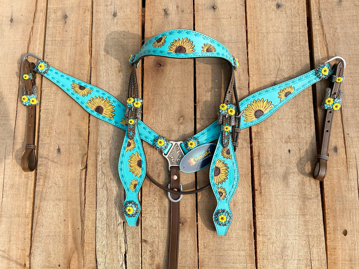 Hand Tooled Sunflower and Matching Concho Headstall Set