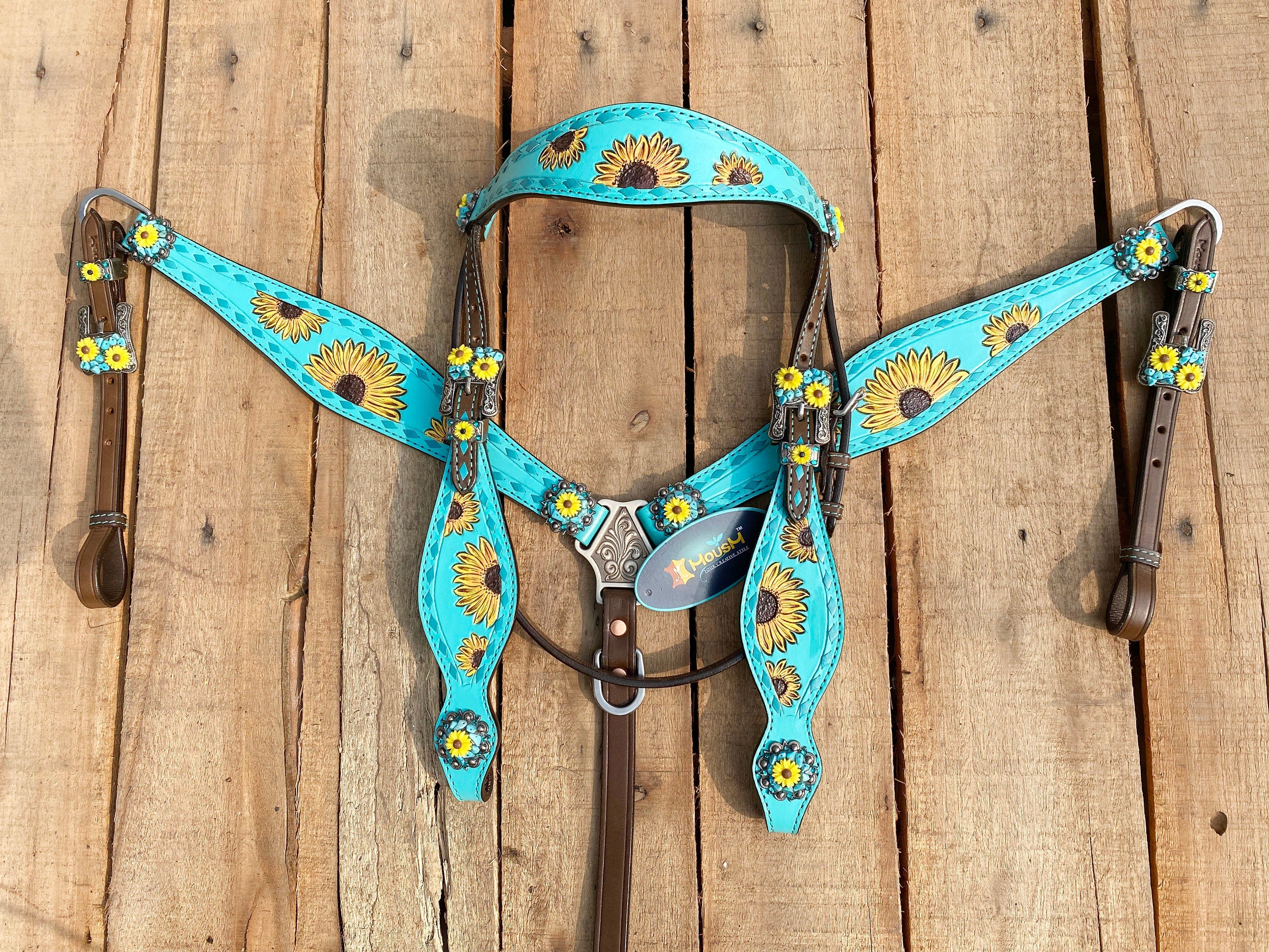 MOUSM Western Horse Tack Collection – Western Bridles and Headstalls Decorated Hand-Tooled Sunflower & Turquoise Concho Design