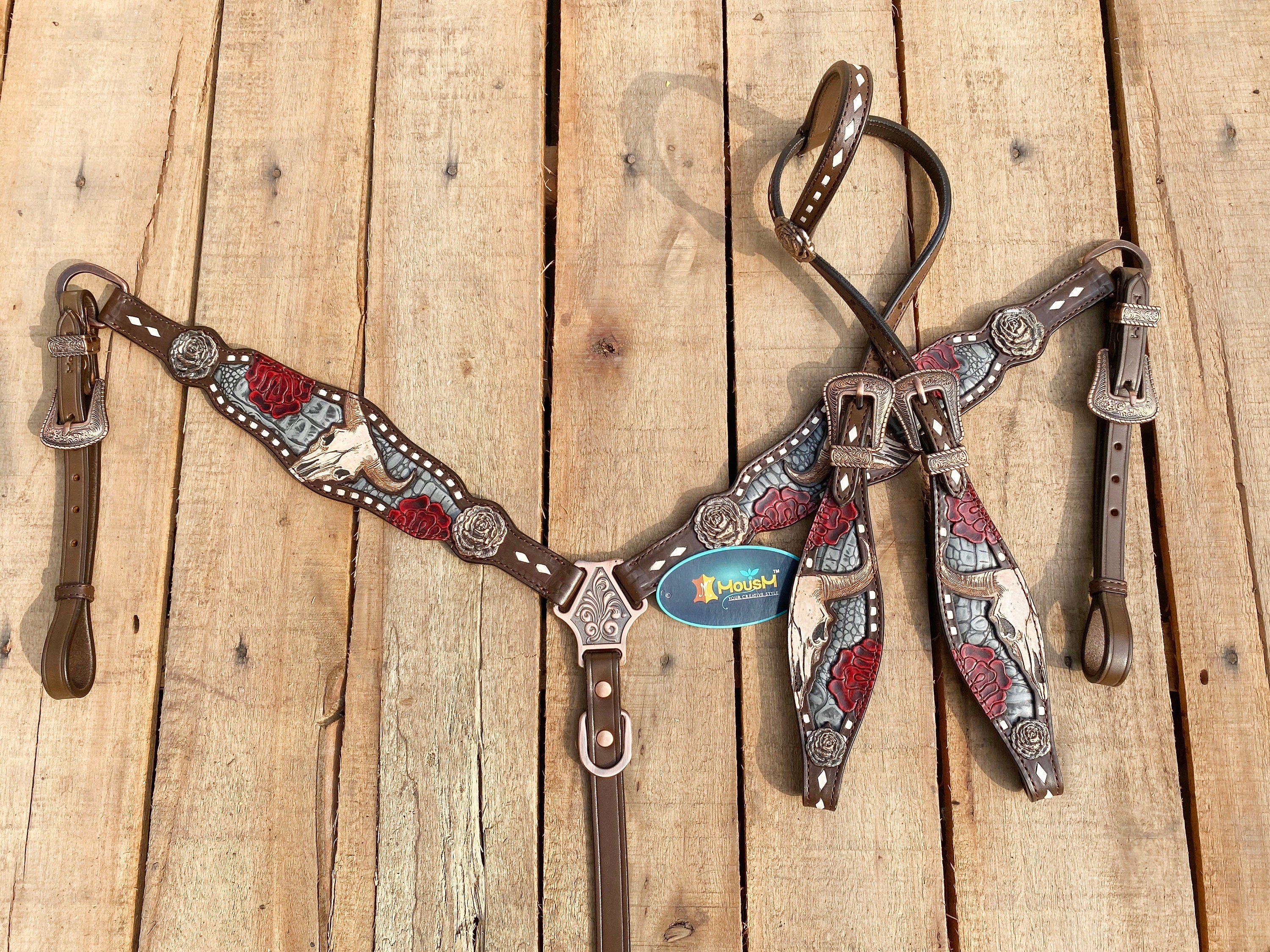 MOUSM Western Headstall and Breast Collar Tack Set for Horse - Decorated with Hand-Tooled Bull and Rose with Alligator Inlay