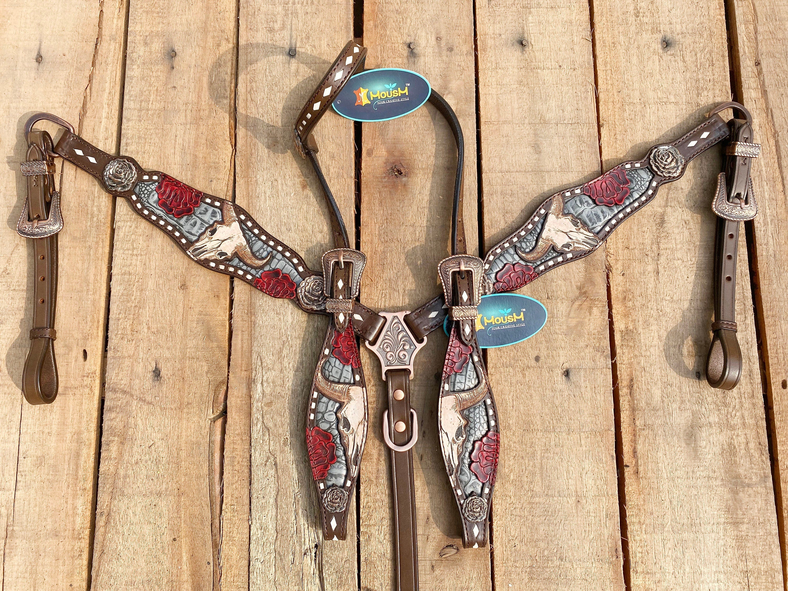 MOUSM Western Headstall and Breast Collar Tack Set for Horse - Decorated with Hand-Tooled Bull and Rose with Alligator Inlay