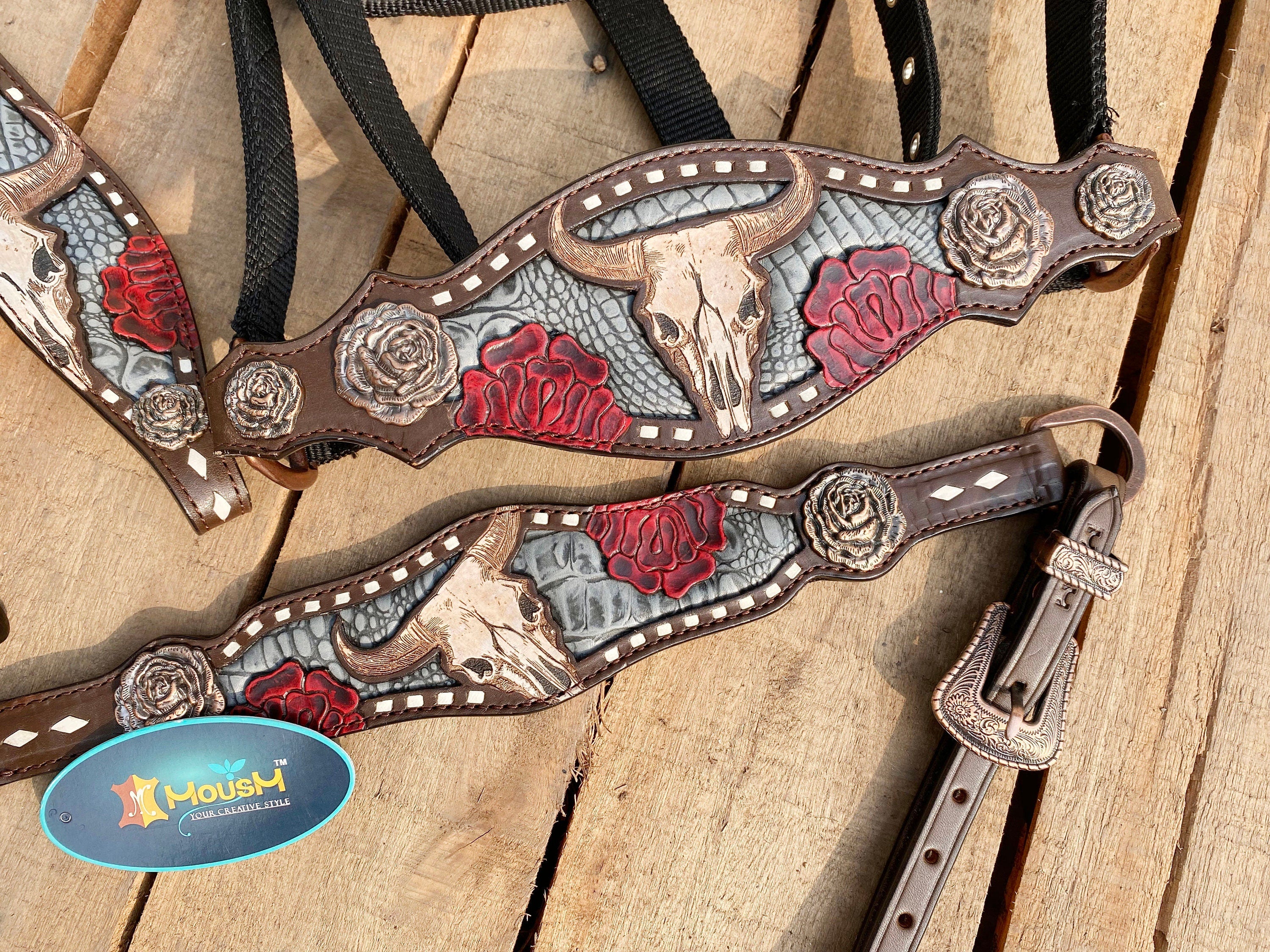 MOUSM Western Headstall and Breast Collar Tack Set for Horse - Decorated with Hand-Tooled Bull and Rose with Alligator Inlay