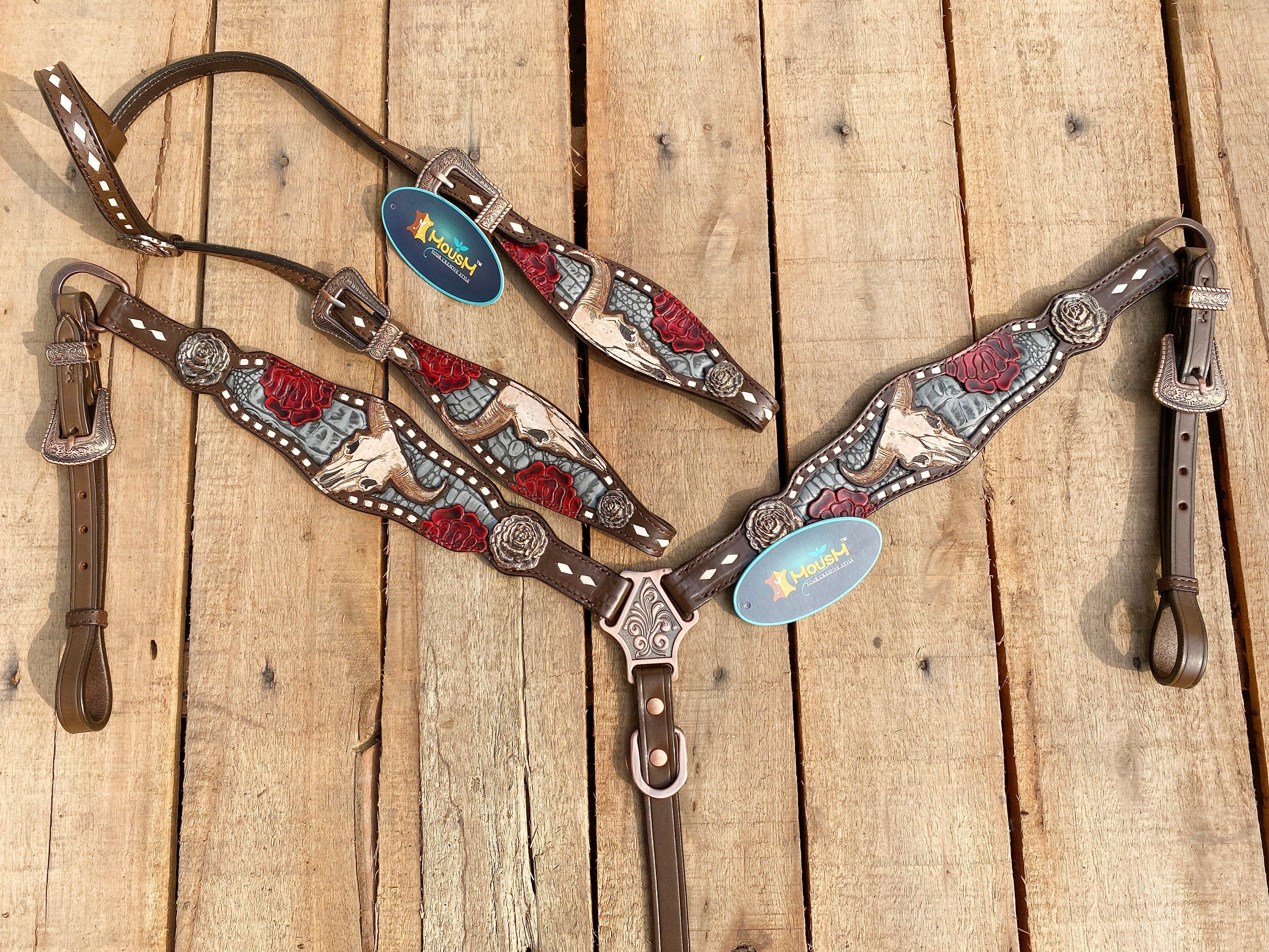 MOUSM Western Headstall and Breast Collar Tack Set for Horse - Decorated with Hand-Tooled Bull and Rose with Alligator Inlay