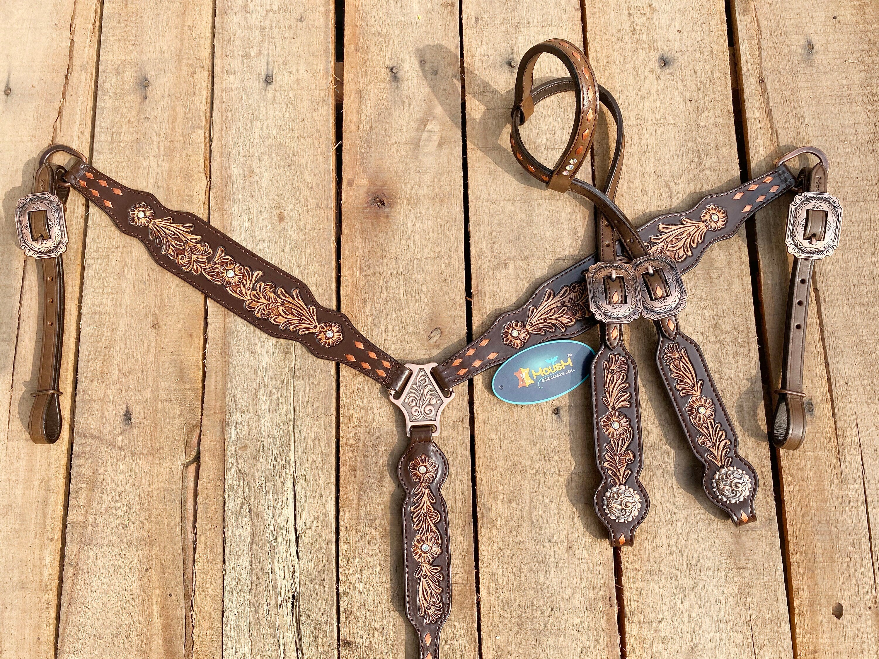 MOUSM Argentina Cow Leather Western Horse Tack Collection – Western Bridles and Headstalls Decorated with Flower Hand Craving Leaves, Beaded Accents & Conchos