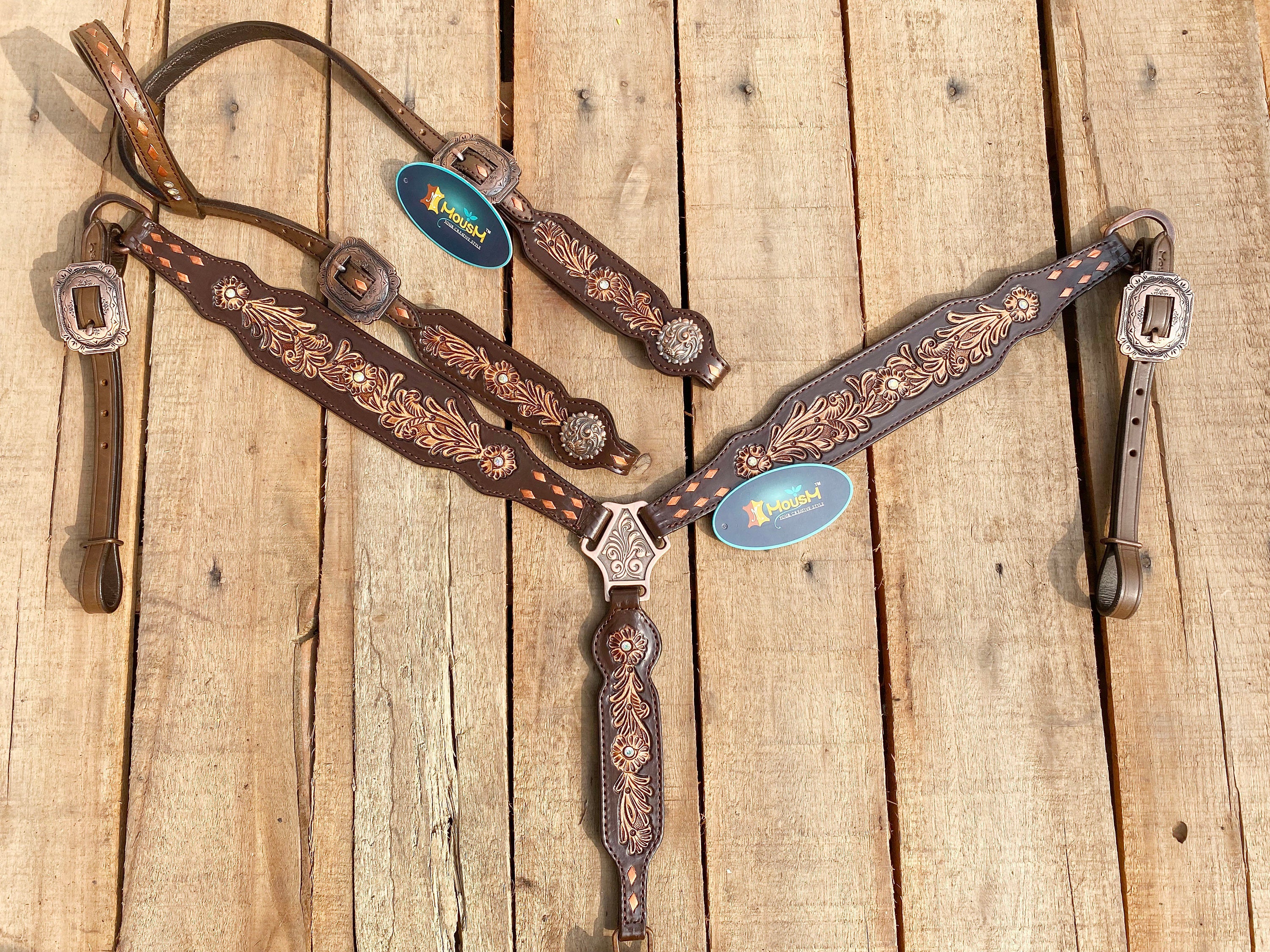 MOUSM Argentina Cow Leather Western Horse Tack Collection – Western Bridles and Headstalls Decorated with Flower Hand Craving Leaves, Beaded Accents & Conchos