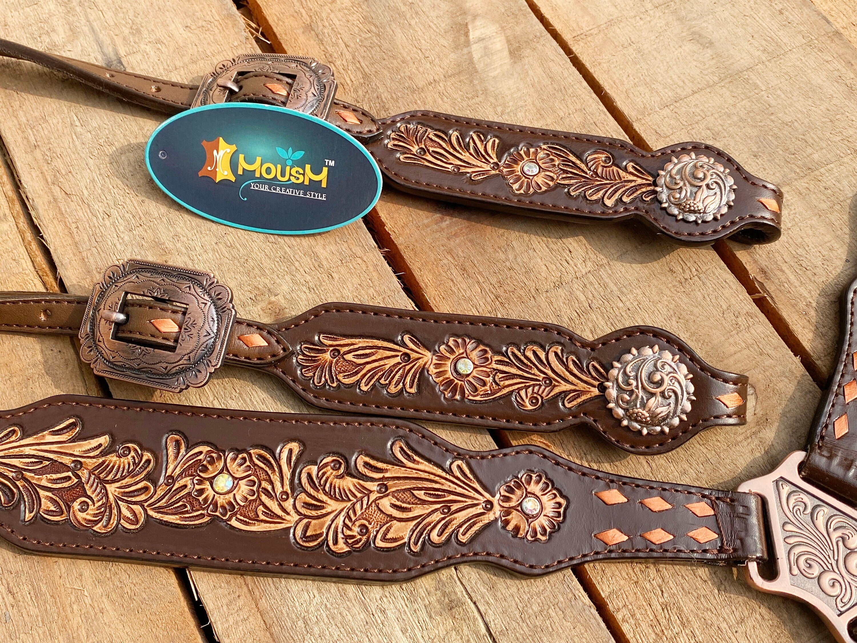 MOUSM Argentina Cow Leather Western Horse Tack Collection – Western Bridles and Headstalls Decorated with Flower Hand Craving Leaves, Beaded Accents & Conchos