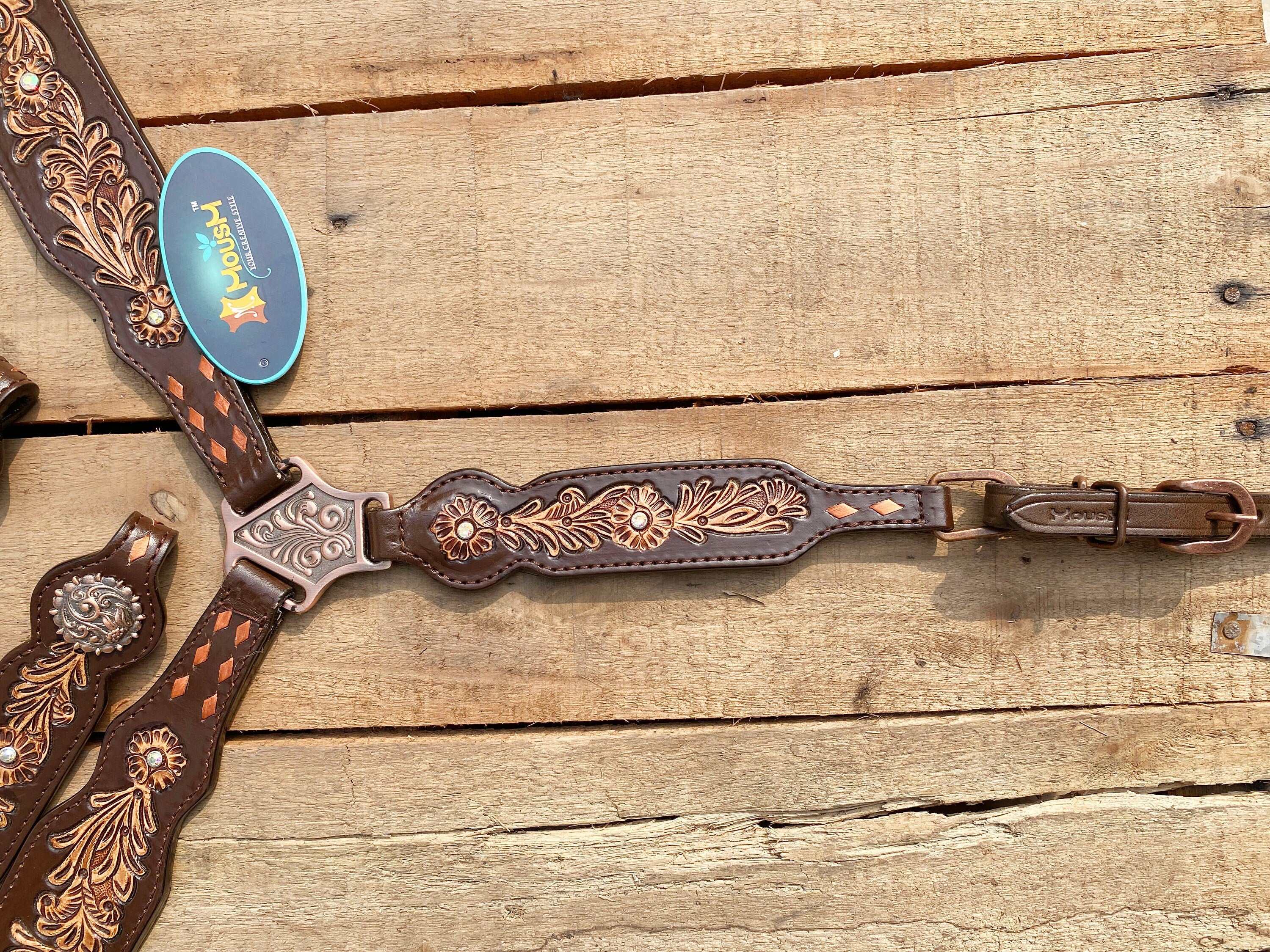 MOUSM Argentina Cow Leather Western Horse Tack Collection – Western Bridles and Headstalls Decorated with Flower Hand Craving Leaves, Beaded Accents & Conchos