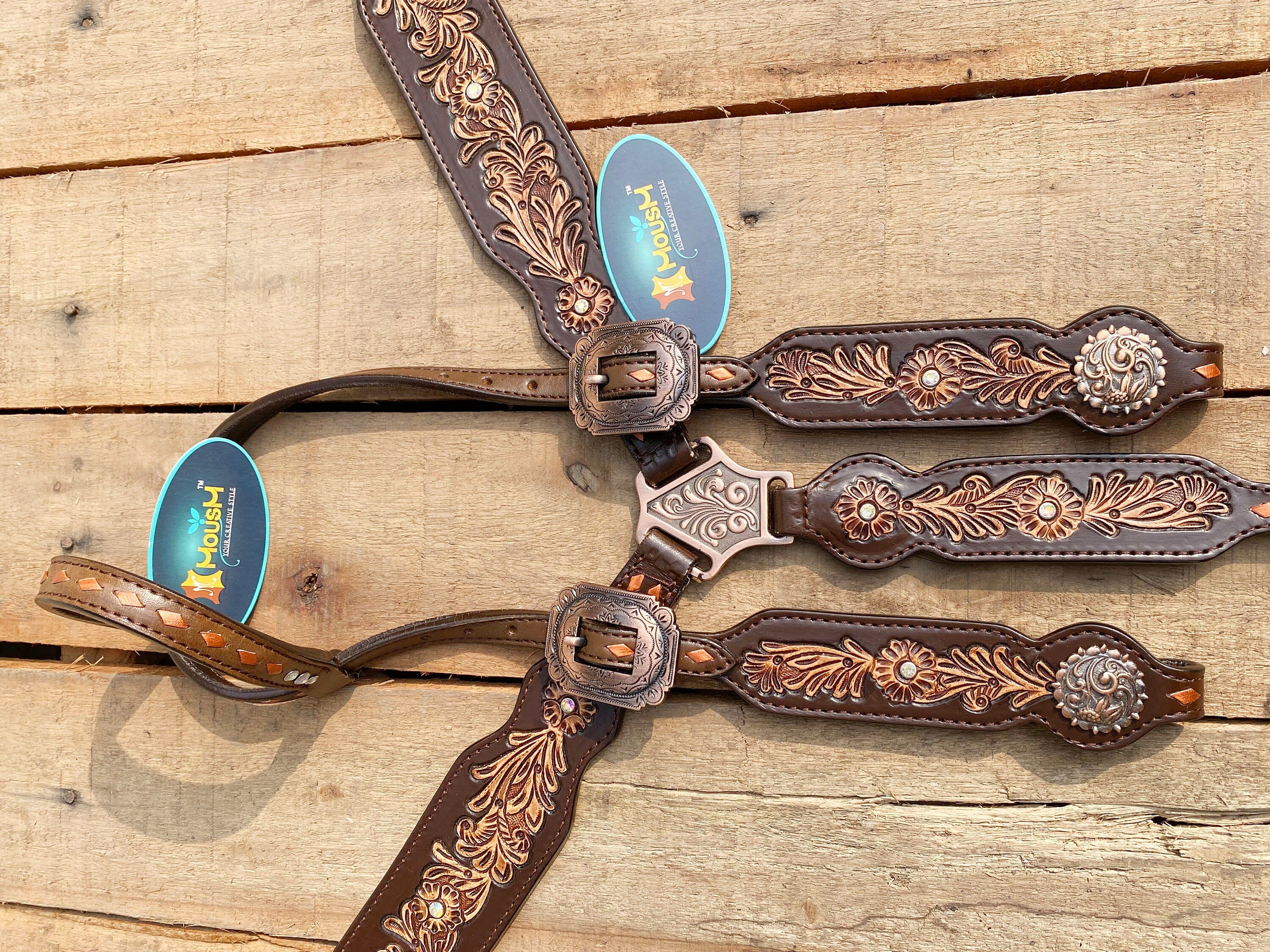 MOUSM Argentina Cow Leather Western Horse Tack Collection – Western Bridles and Headstalls Decorated with Flower Hand Craving Leaves, Beaded Accents & Conchos