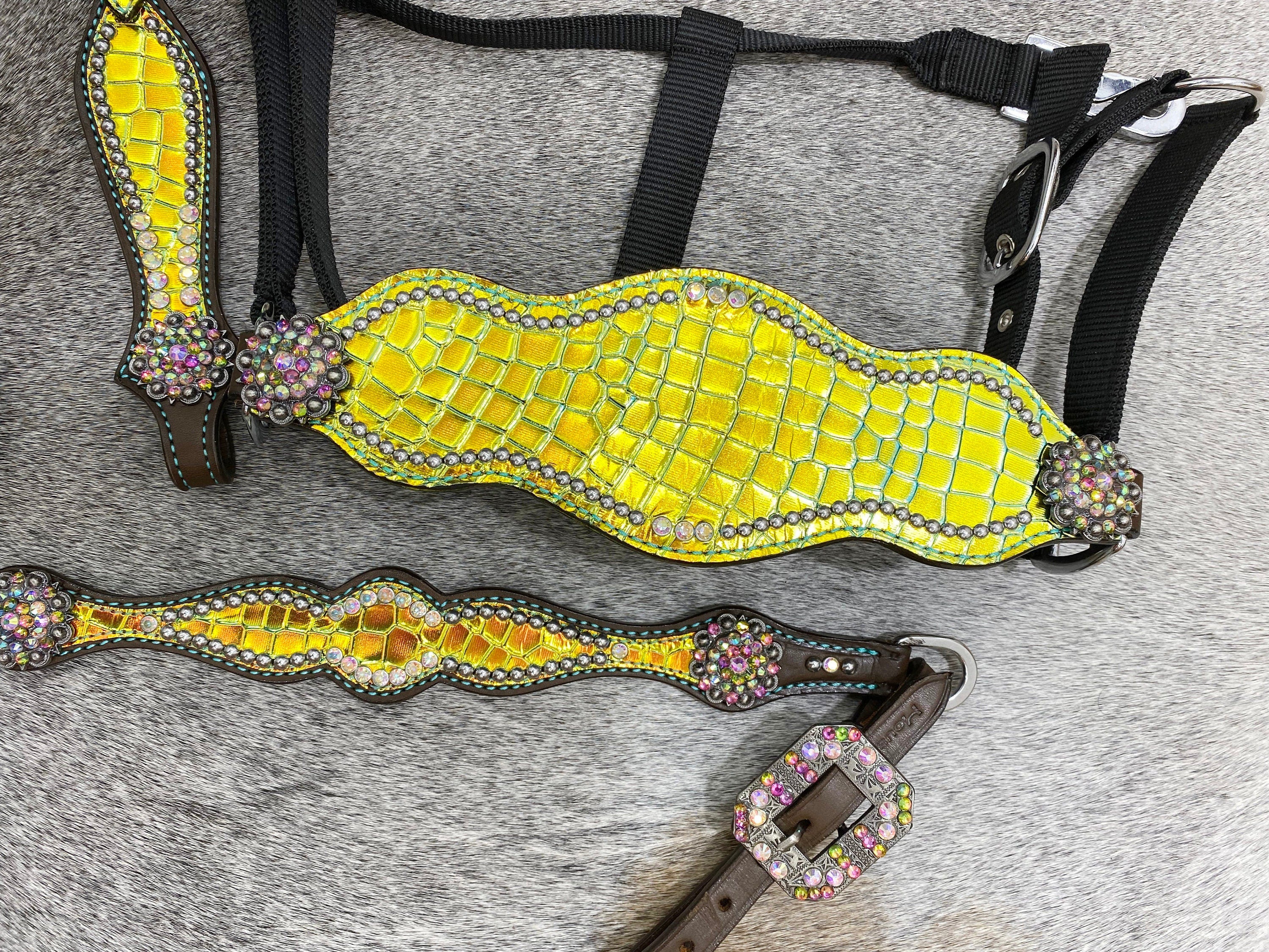 MOUSM Western Horse Bridle & Breast Collar Tack Set – Argentina Cow Leather Western Headstall Tack Decorated with Yellow & Green Holographic Metallic Carving