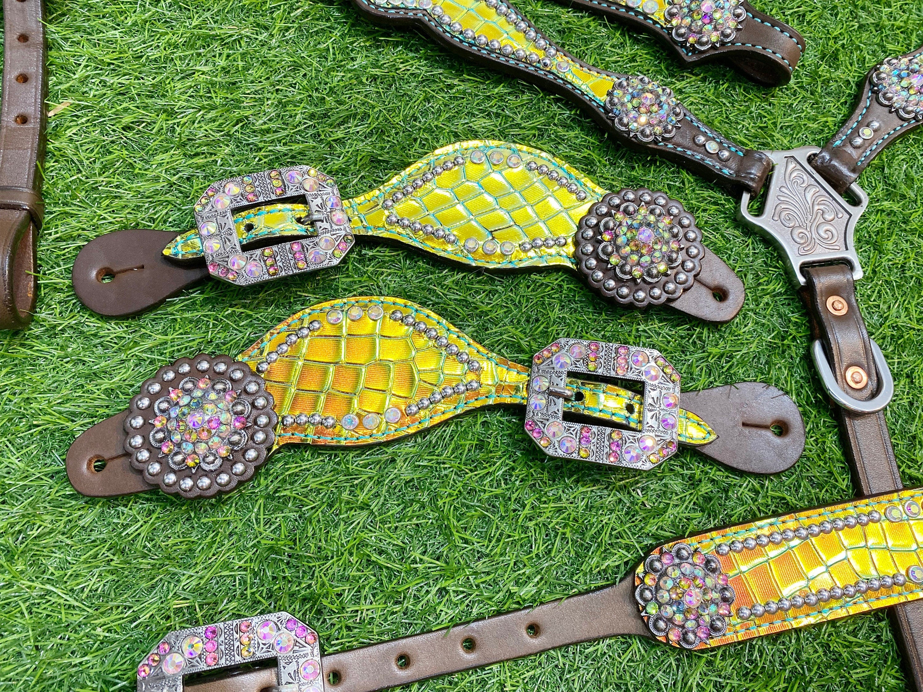 MOUSM Western Horse Bridle & Breast Collar Tack Set – Argentina Cow Leather Western Headstall Tack Decorated with Yellow & Green Holographic Metallic Carving