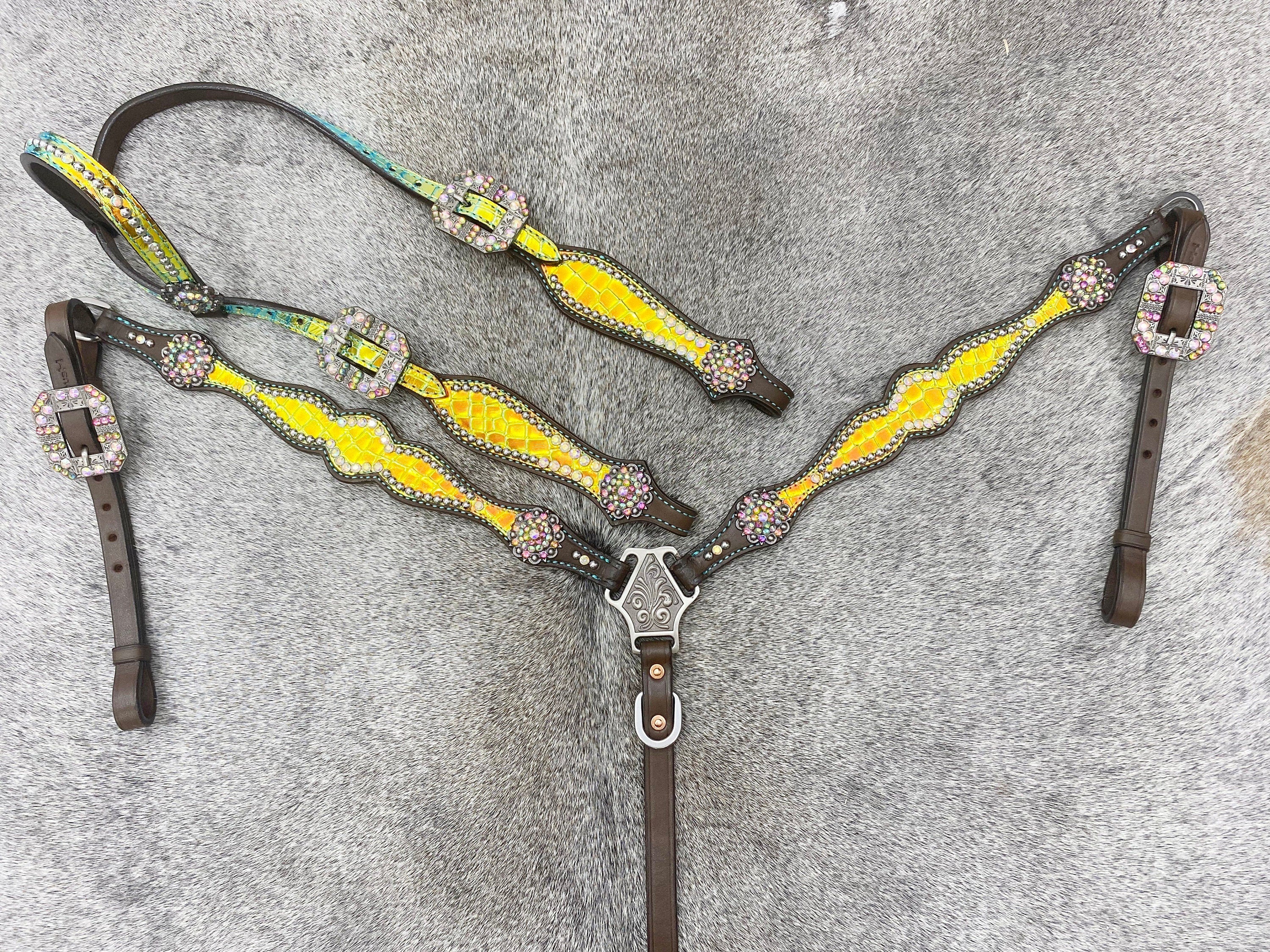 MOUSM Western Horse Bridle & Breast Collar Tack Set – Argentina Cow Leather Western Headstall Tack Decorated with Yellow & Green Holographic Metallic Carving