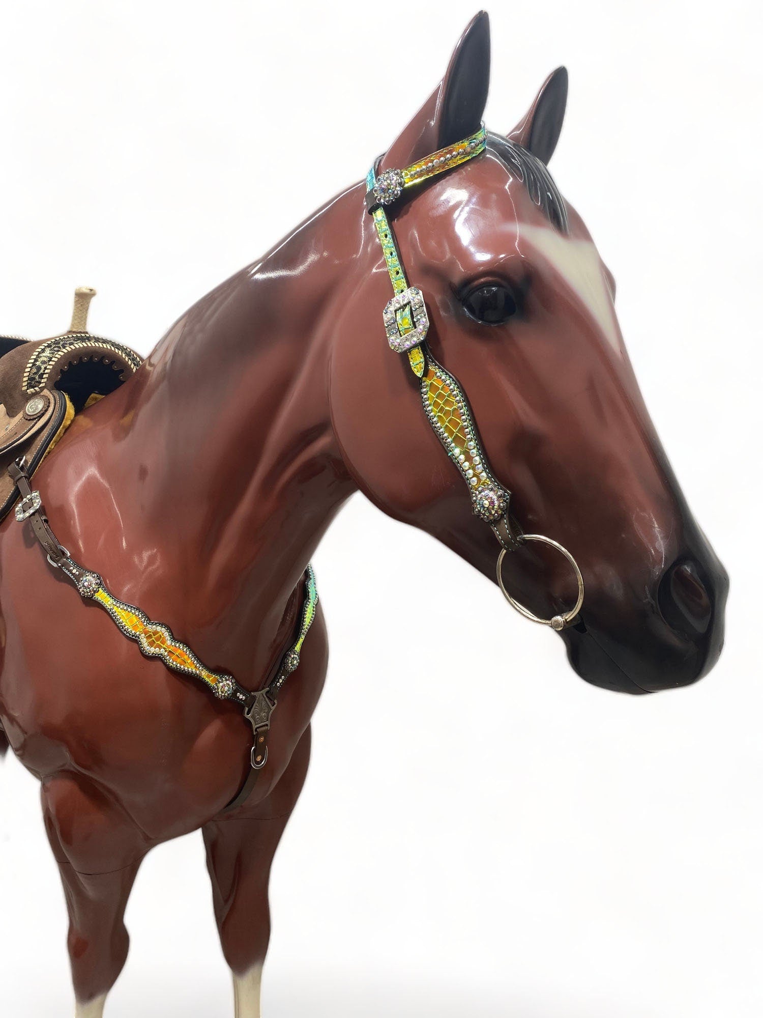 MOUSM Western Horse Bridle & Breast Collar Tack Set – Argentina Cow Leather Western Headstall Tack Decorated with Yellow & Green Holographic Metallic Carving