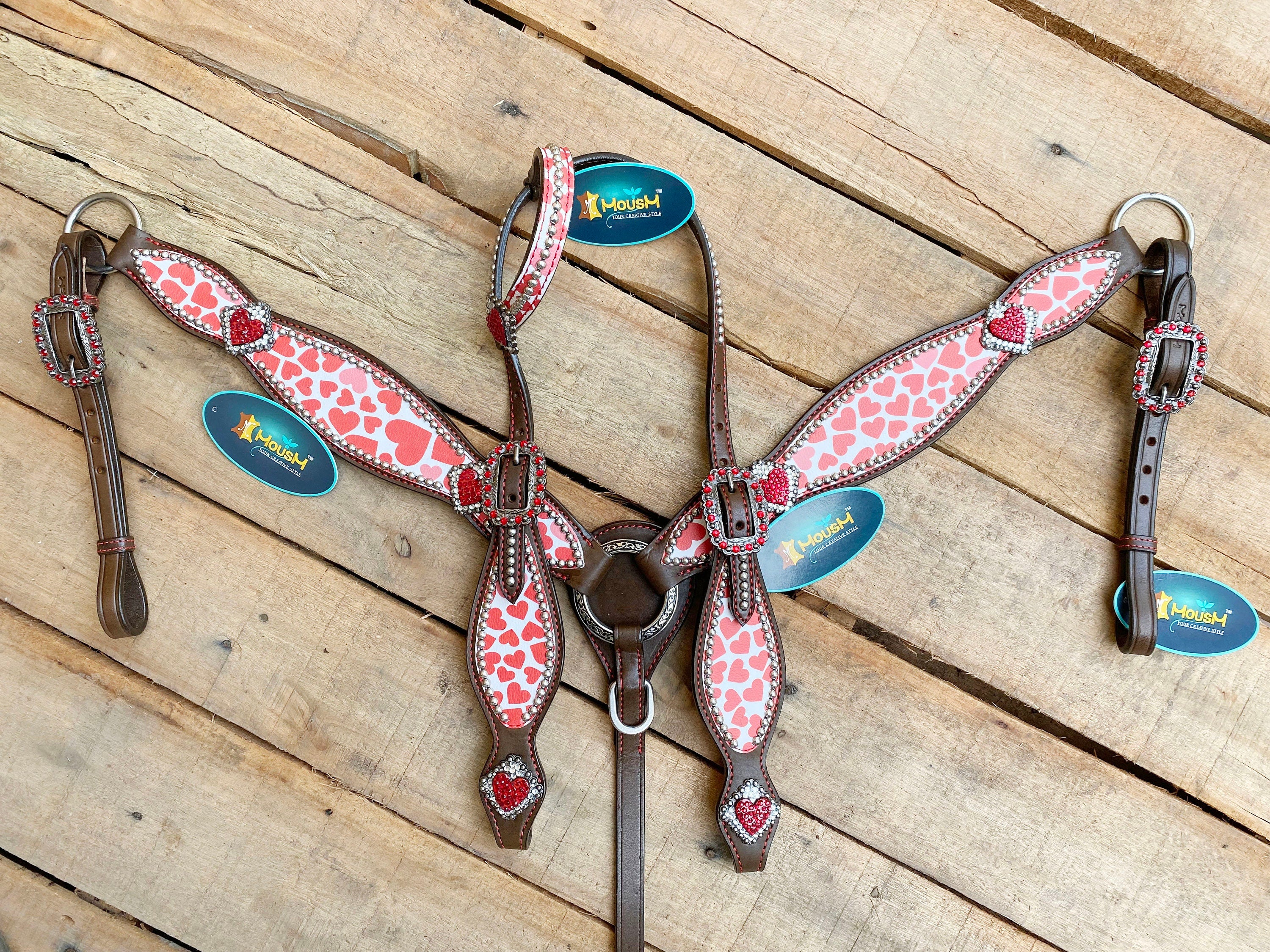 MOUSM Valentine Day Western Headstall and Breast Collar tack Collection – Western Bridles and Headstalls Decorated with Copper Studs & Printed Heart Inlay