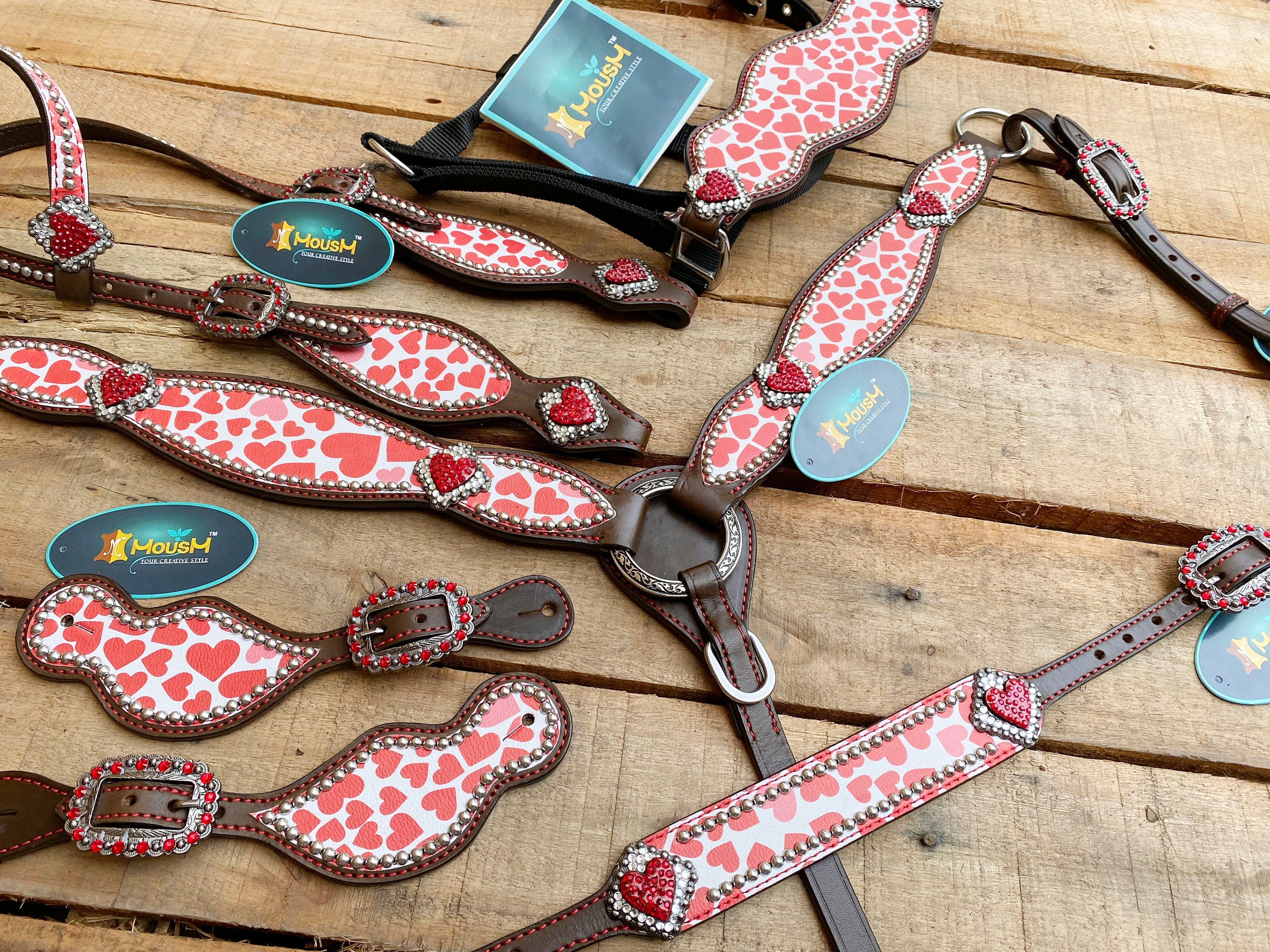 MOUSM Valentine Day Western Headstall and Breast Collar tack Collection – Western Bridles and Headstalls Decorated with Copper Studs & Printed Heart Inlay