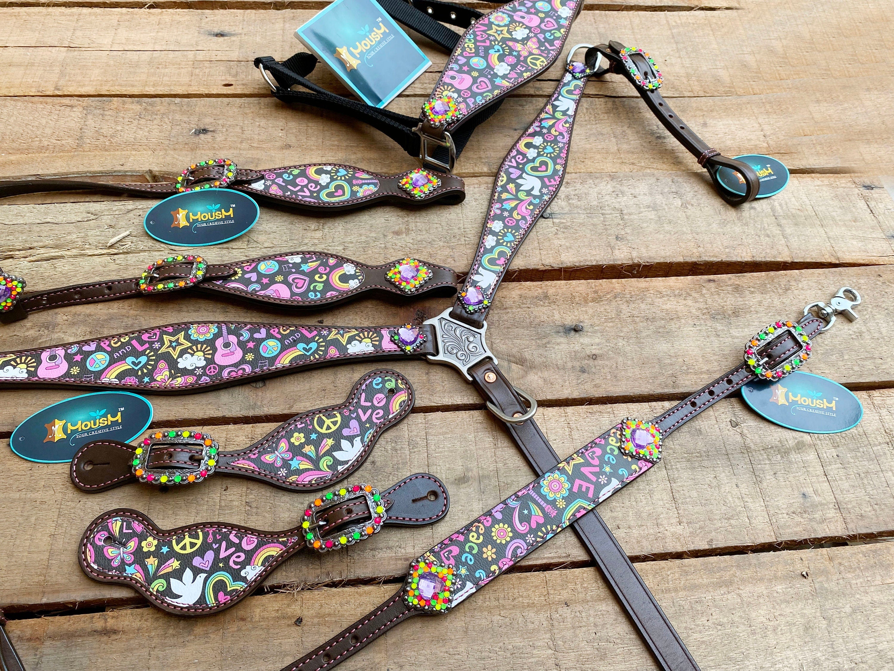 MOUSM Valentine’s Edition Western Headstall and Breast Collar Tack Collection – Western Bridle and Headstall Set Decorated with Printed Celebration Inlay & Copper Studs