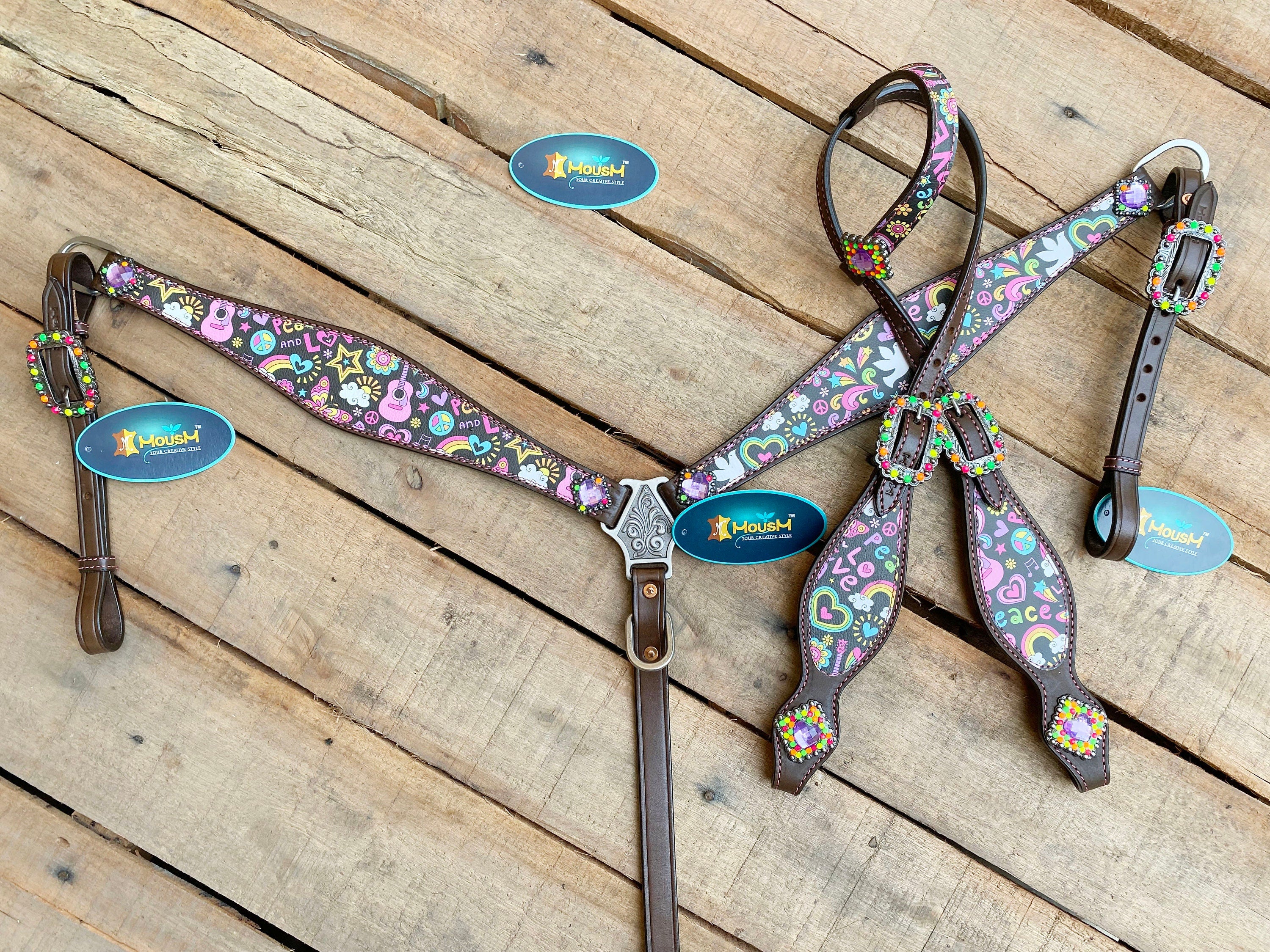 MOUSM Valentine’s Edition Western Headstall and Breast Collar Tack Collection – Western Bridle and Headstall Set Decorated with Printed Celebration Inlay & Copper Studs
