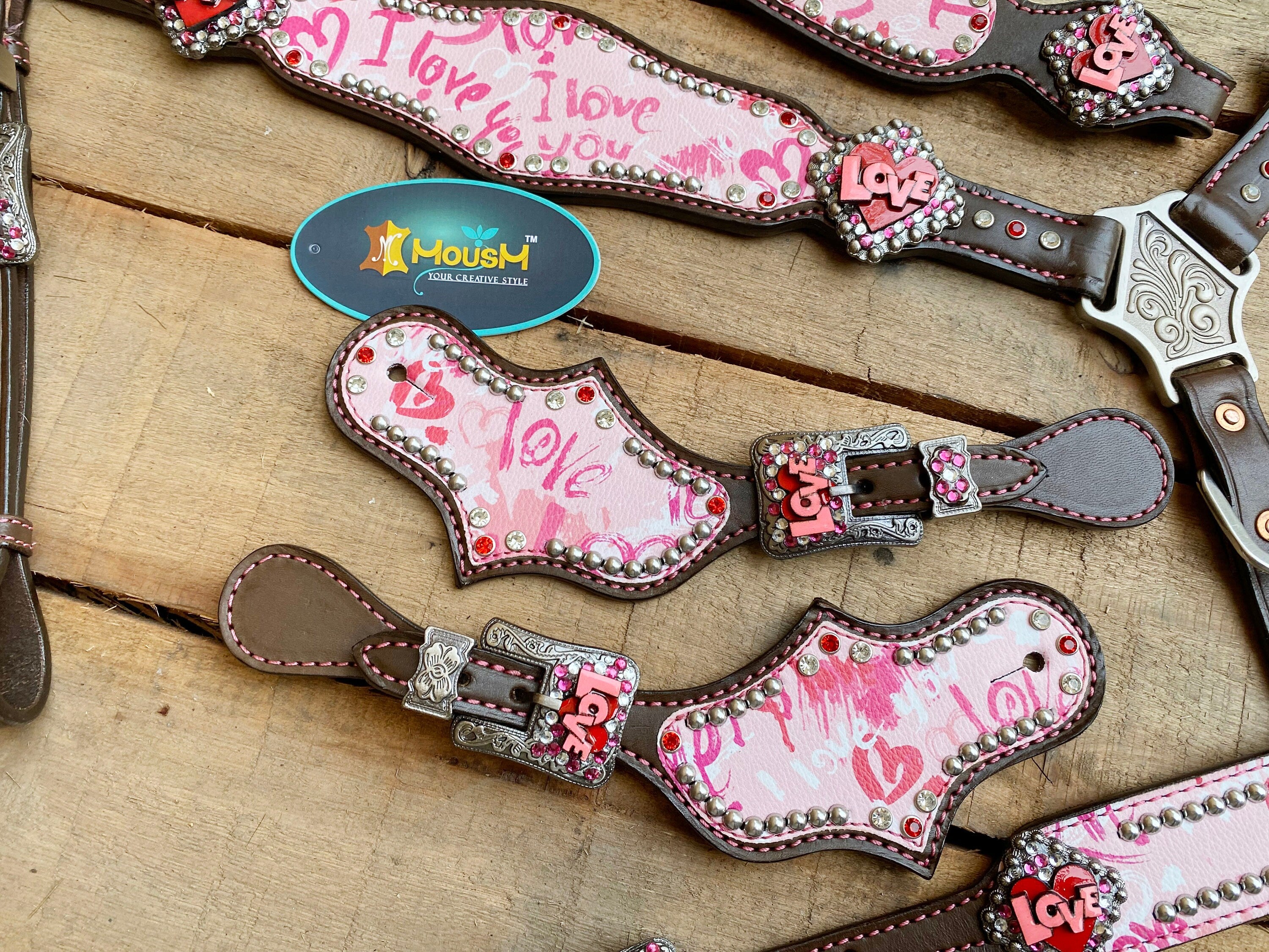 MOUSM Valentine’s Edition Western Headstall and Breast Collar Tack Collection – Western Bridle and Headstall Set Decorated with "I Love You" Inlay & Love Conchos