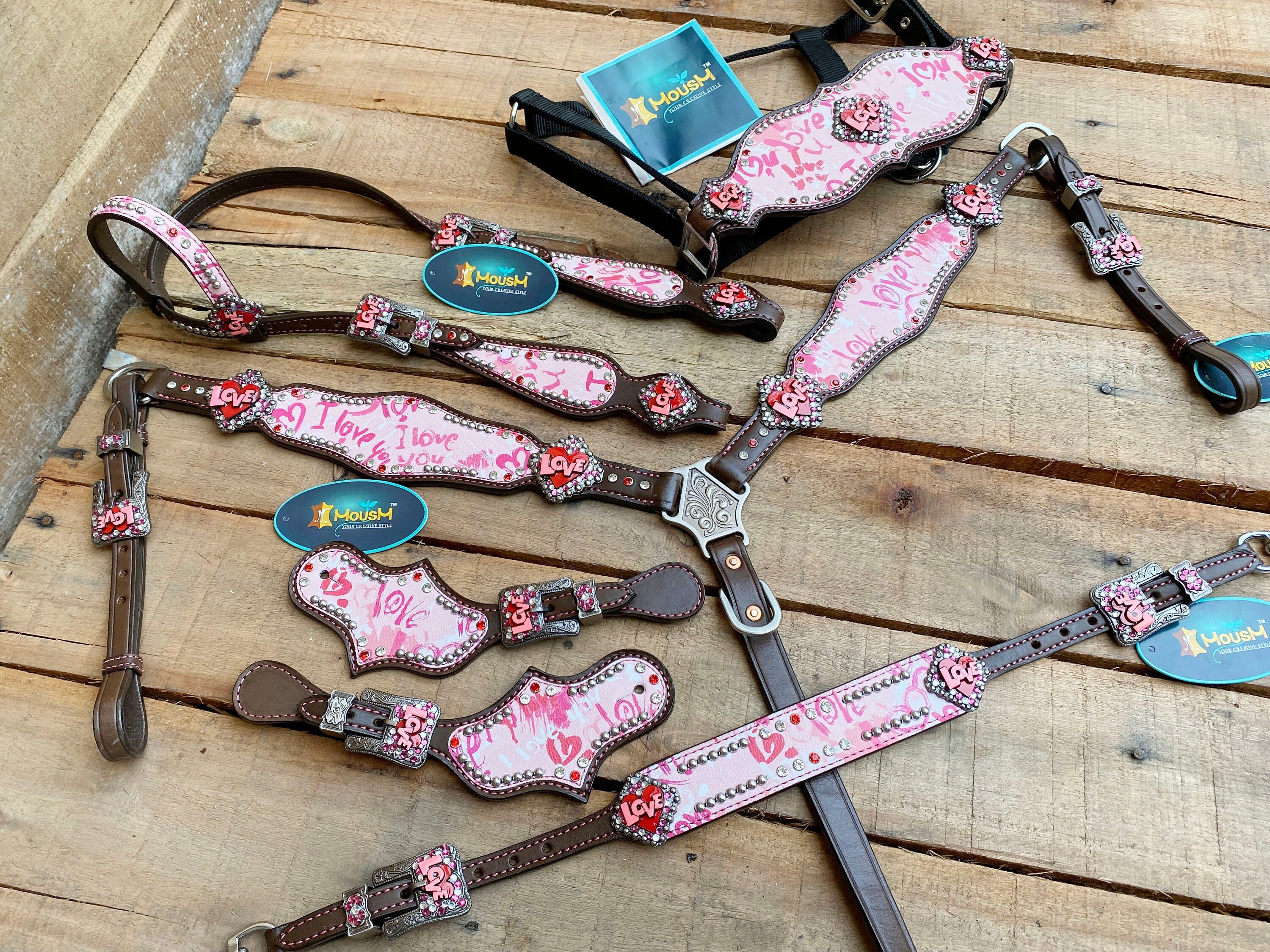 MOUSM Valentine’s Edition Western Headstall and Breast Collar Tack Collection – Western Bridle and Headstall Set Decorated with "I Love You" Inlay & Love Conchos