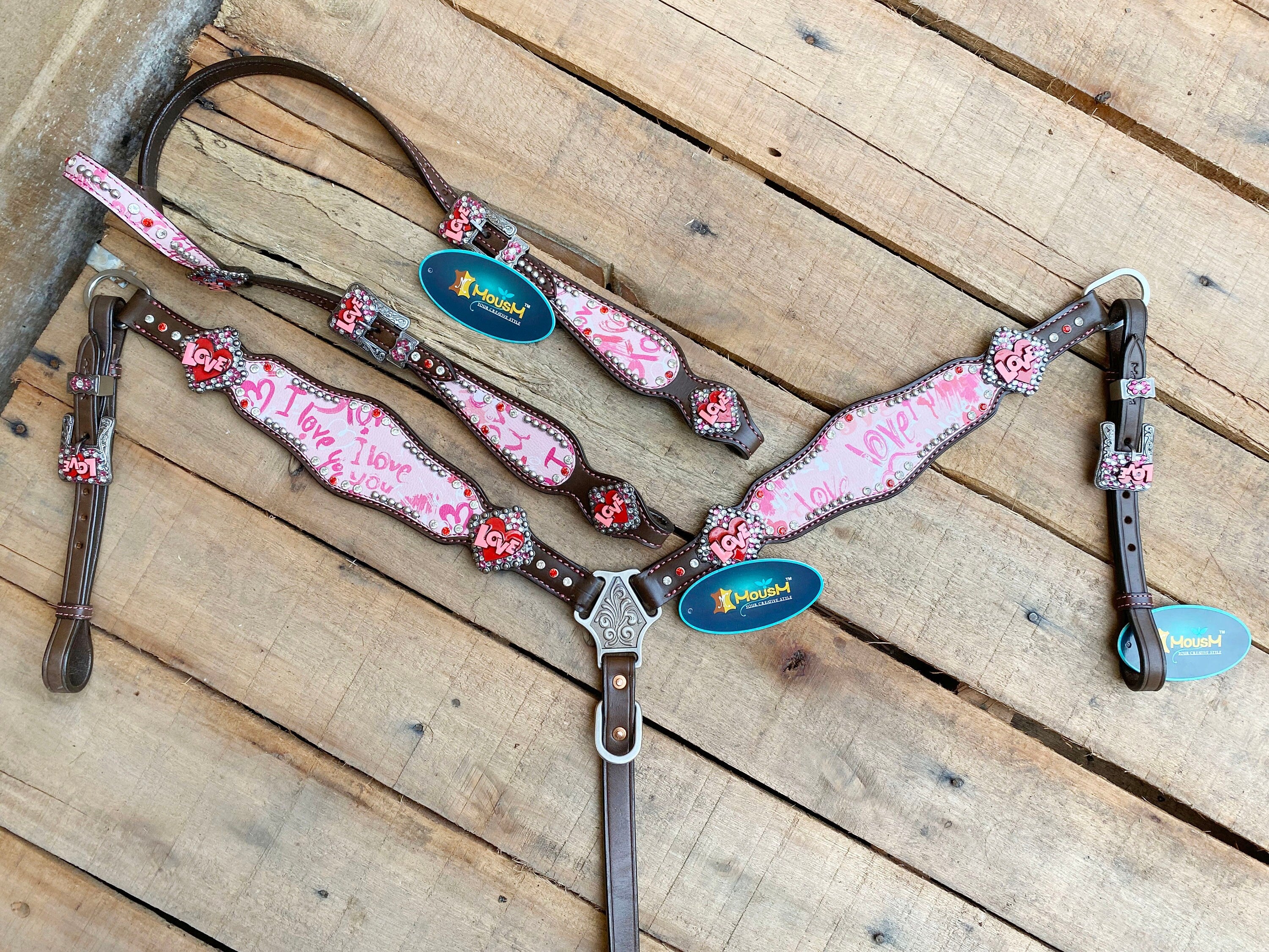 MOUSM Valentine’s Edition Western Headstall and Breast Collar Tack Collection – Western Bridle and Headstall Set Decorated with "I Love You" Inlay & Love Conchos