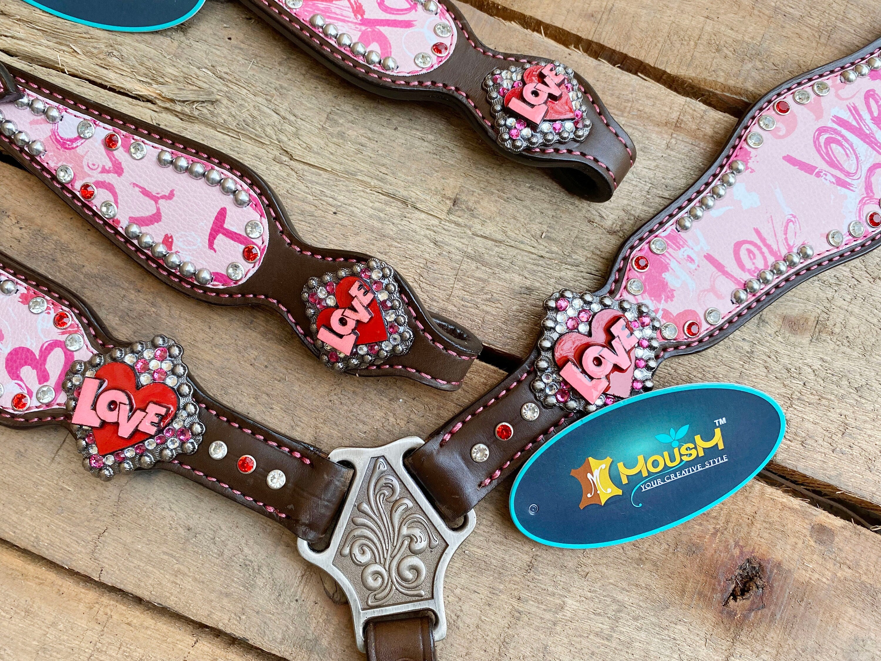 MOUSM Valentine’s Edition Western Headstall and Breast Collar Tack Collection – Western Bridle and Headstall Set Decorated with "I Love You" Inlay & Love Conchos