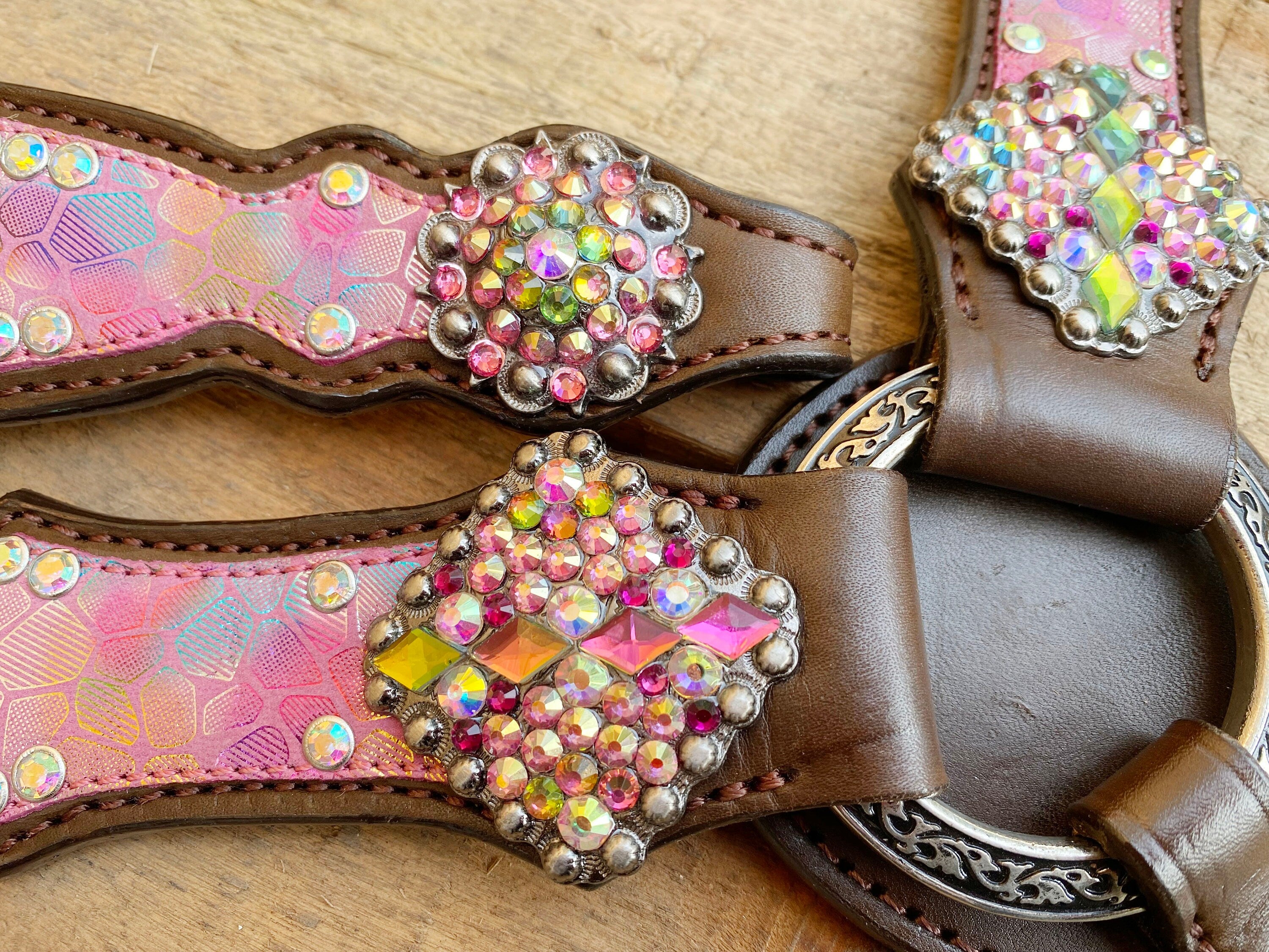 MOUSM Valentine’s Special Western Headstall & Breast Collar Set – Holographic Pink Snake Print, Rhinestones Conchos