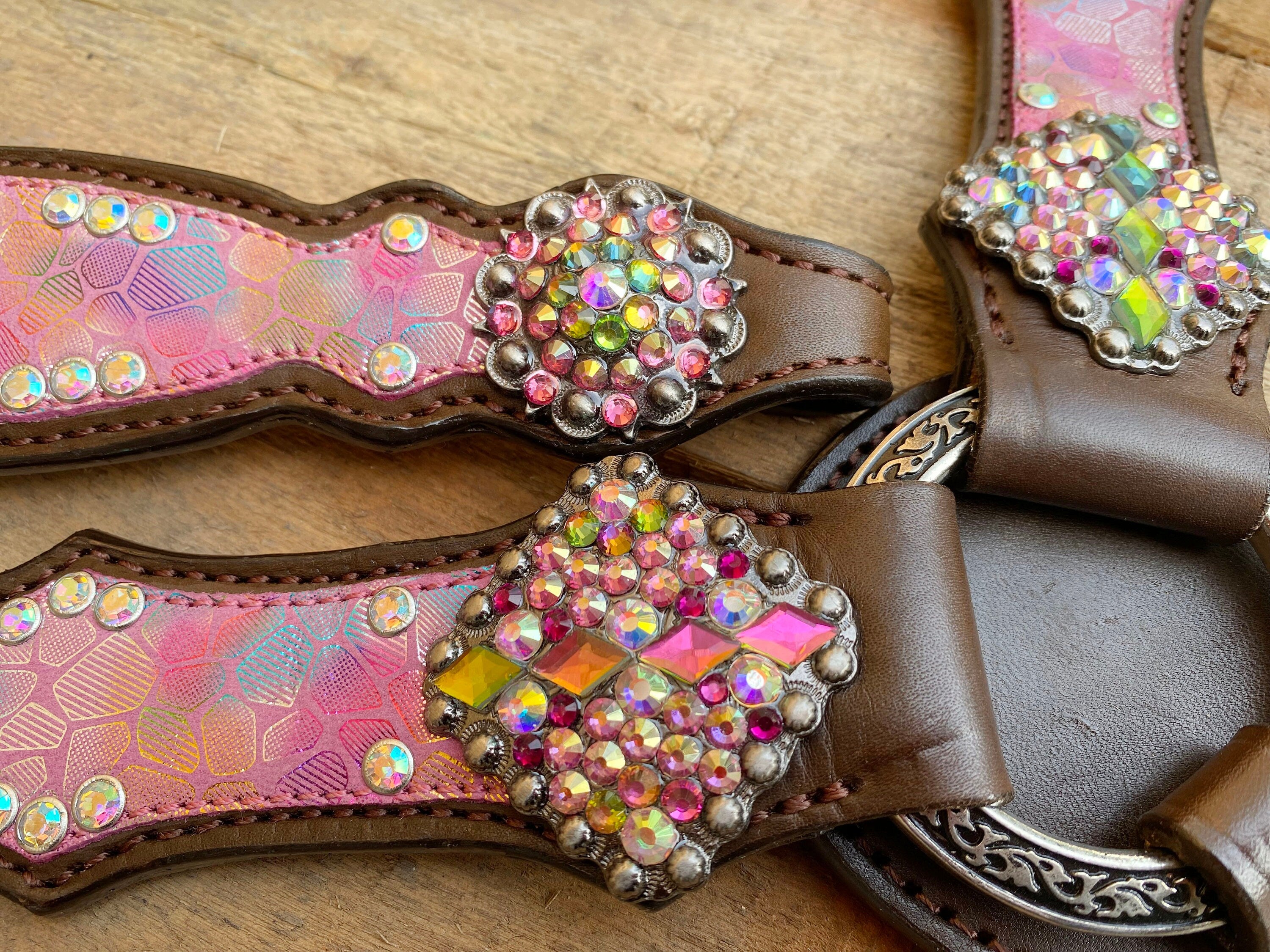 MOUSM Valentine’s Special Western Headstall & Breast Collar Set – Holographic Pink Snake Print, Rhinestones Conchos