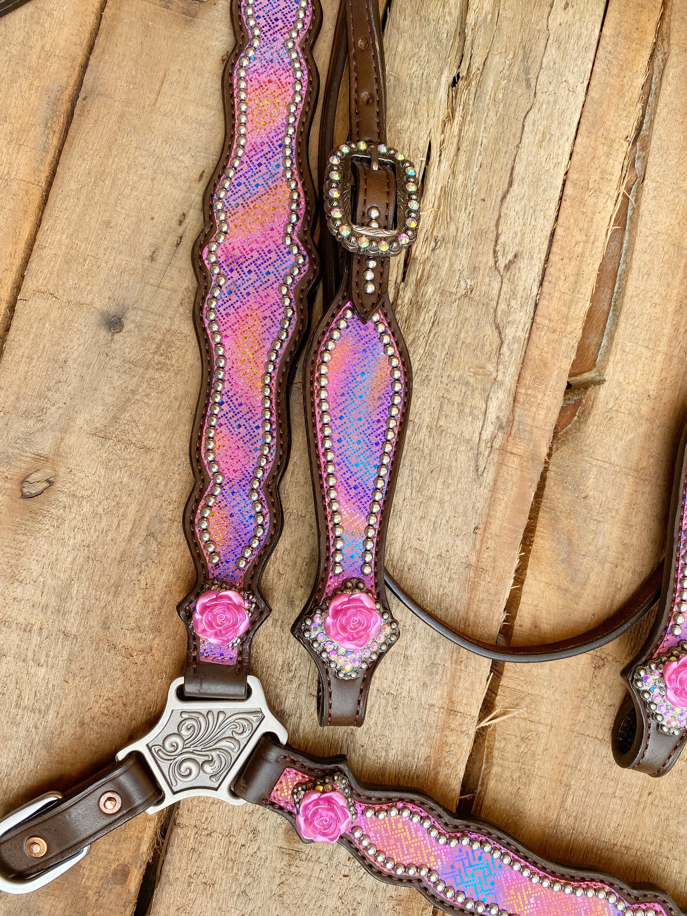 MOUSM Valentine’s Special Western Leather Browband Headstall & Breast Collar Set – Pink Purple Holographic Snake Print, Rose Conchos & Rhinestone Buckles