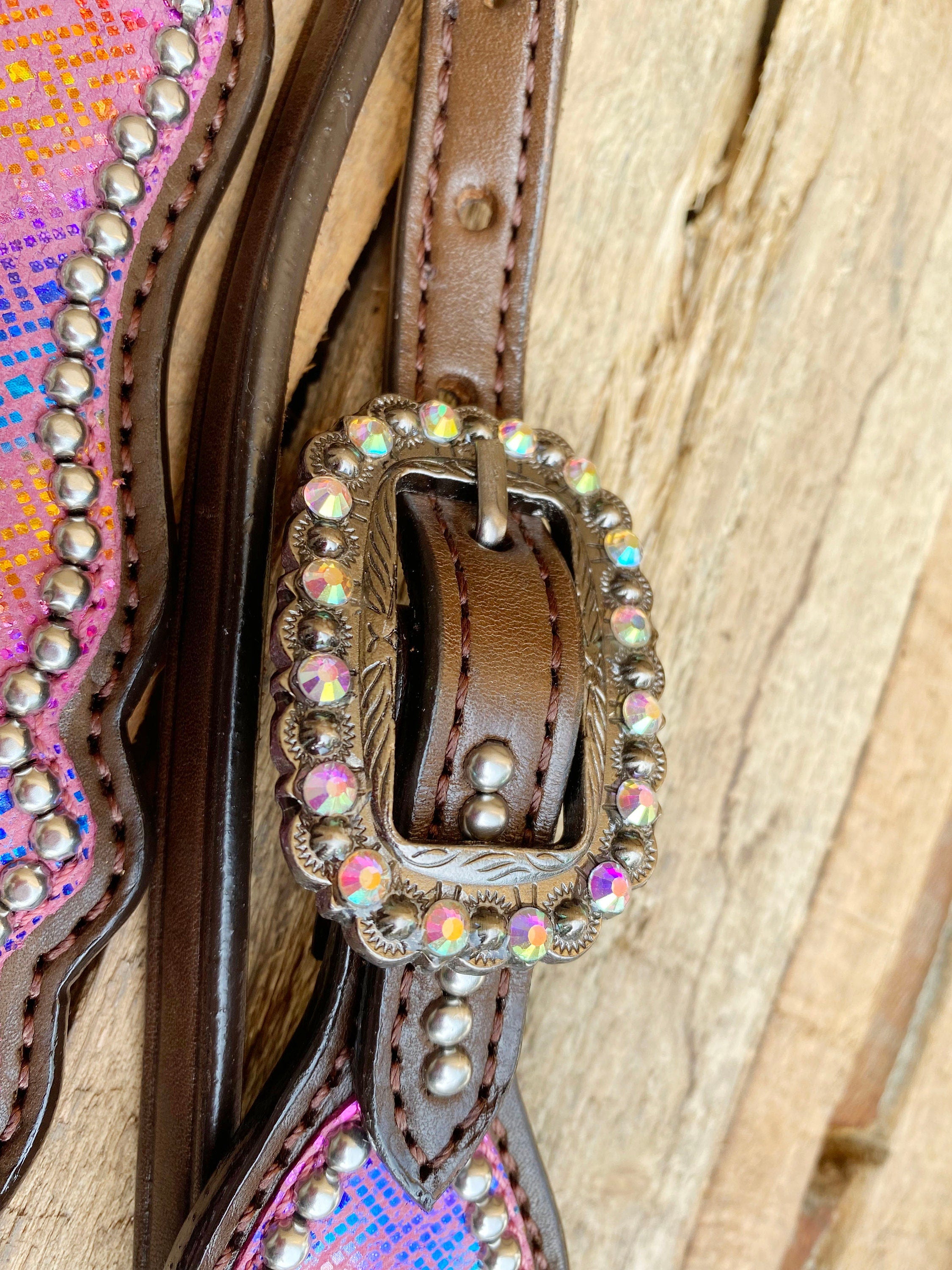MOUSM Valentine’s Special Western Leather Browband Headstall & Breast Collar Set – Pink Purple Holographic Snake Print, Rose Conchos & Rhinestone Buckles