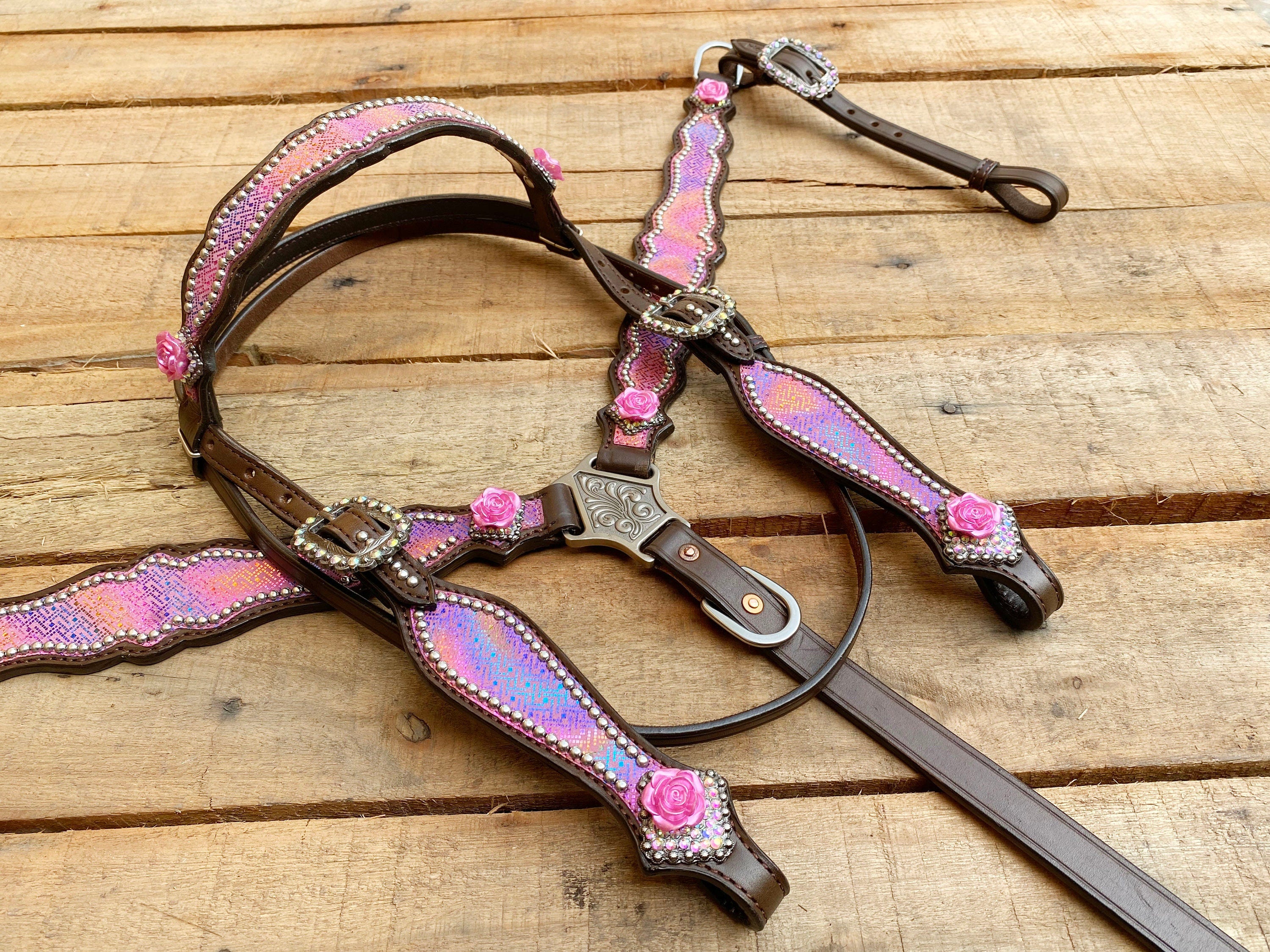 MOUSM Valentine’s Special Western Leather Browband Headstall & Breast Collar Set – Pink Purple Holographic Snake Print, Rose Conchos & Rhinestone Buckles