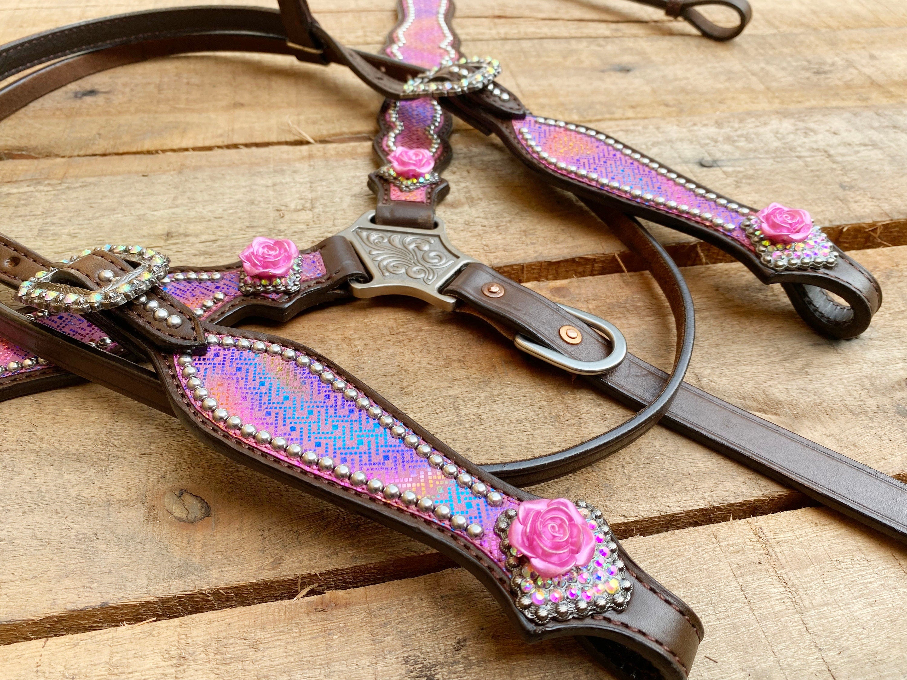 MOUSM Valentine’s Special Western Leather Browband Headstall & Breast Collar Set – Pink Purple Holographic Snake Print, Rose Conchos & Rhinestone Buckles