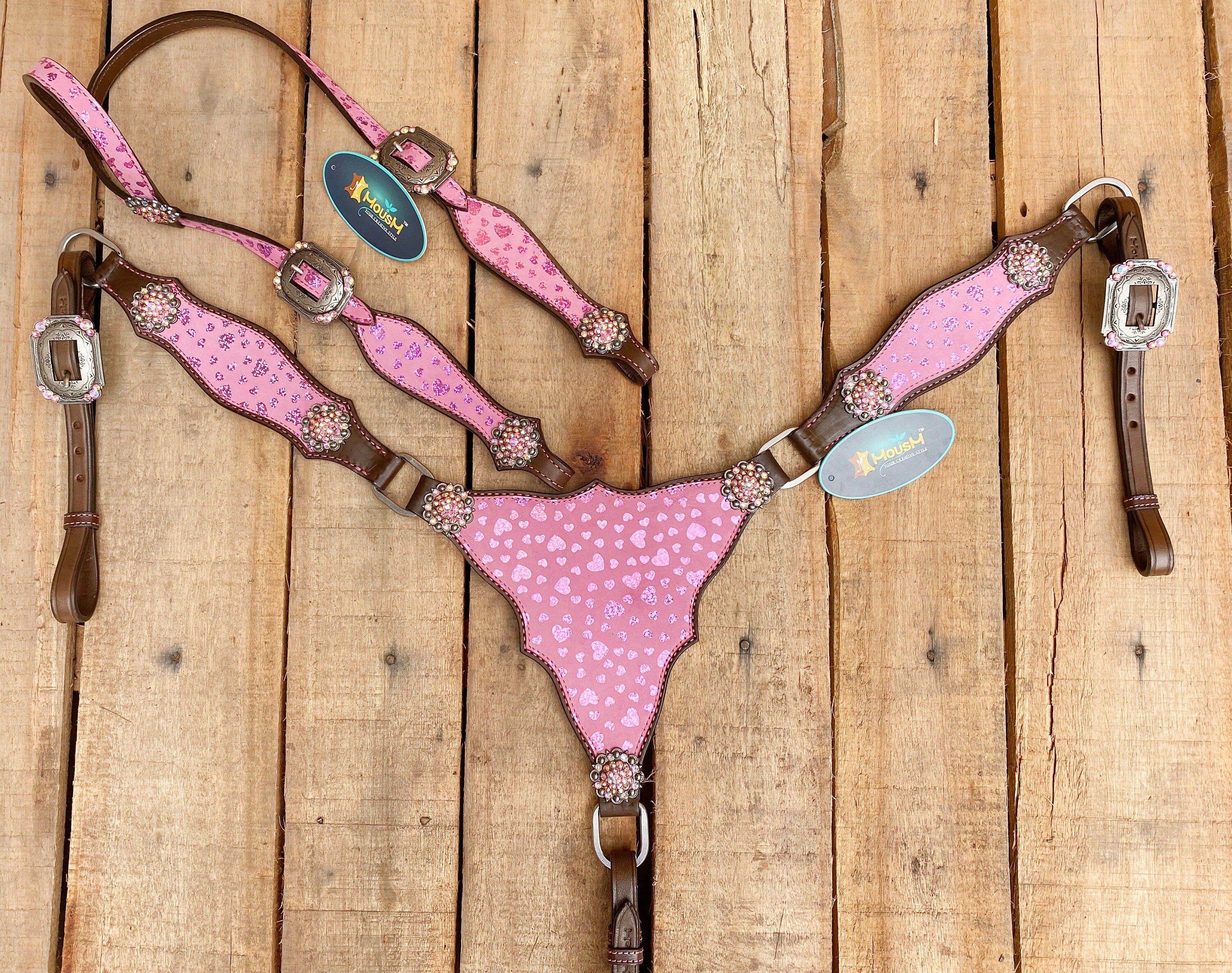 MOUSM Valentine’s Day Western Leather Headstall and Breast Collar Set – Printed Pink Heart Patch & Rhinestone Concho