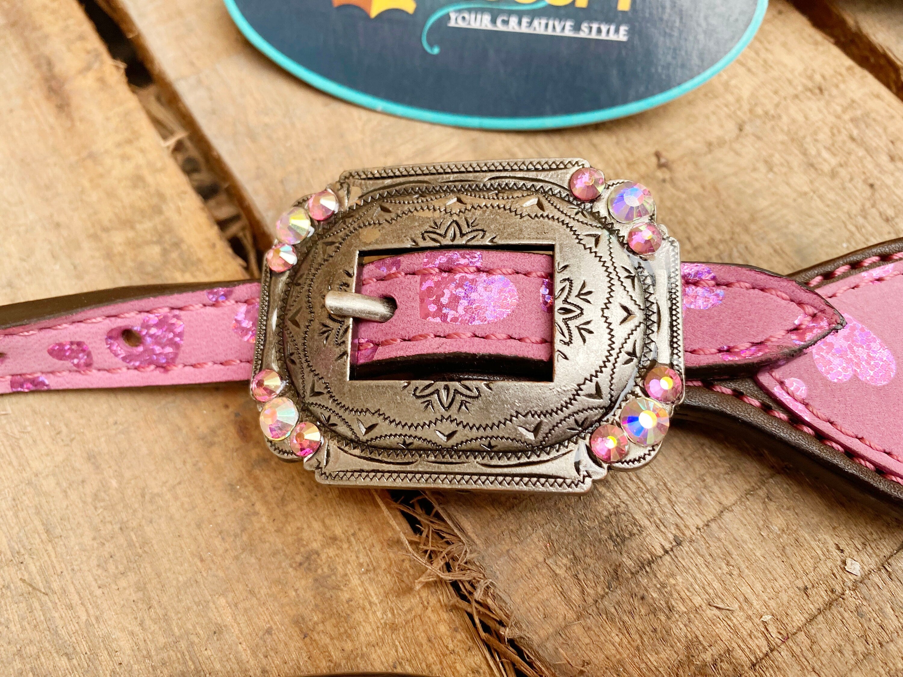 MOUSM Valentine’s Day Western Leather Headstall and Breast Collar Set – Printed Pink Heart Patch & Rhinestone Concho