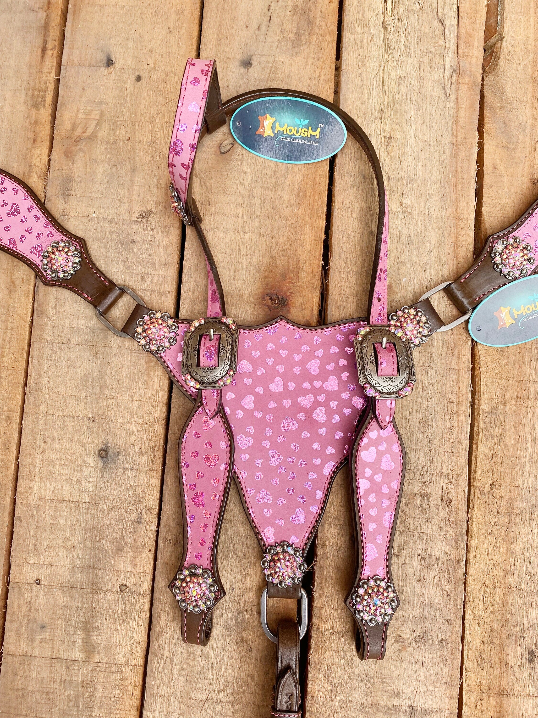 MOUSM Valentine’s Day Western Leather Headstall and Breast Collar Set – Printed Pink Heart Patch & Rhinestone Concho