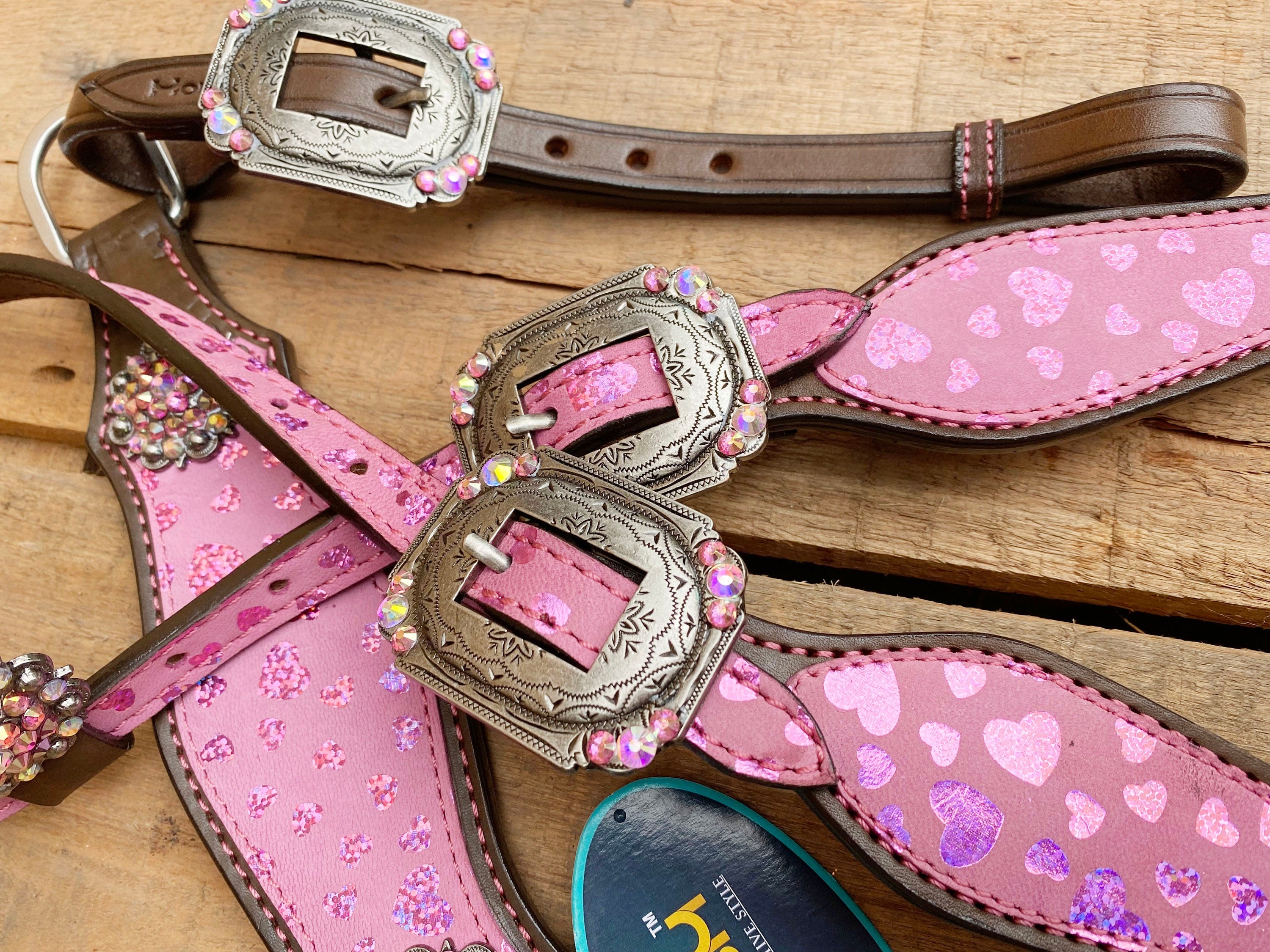 MOUSM Valentine’s Day Western Leather Headstall and Breast Collar Set – Printed Pink Heart Patch & Rhinestone Concho
