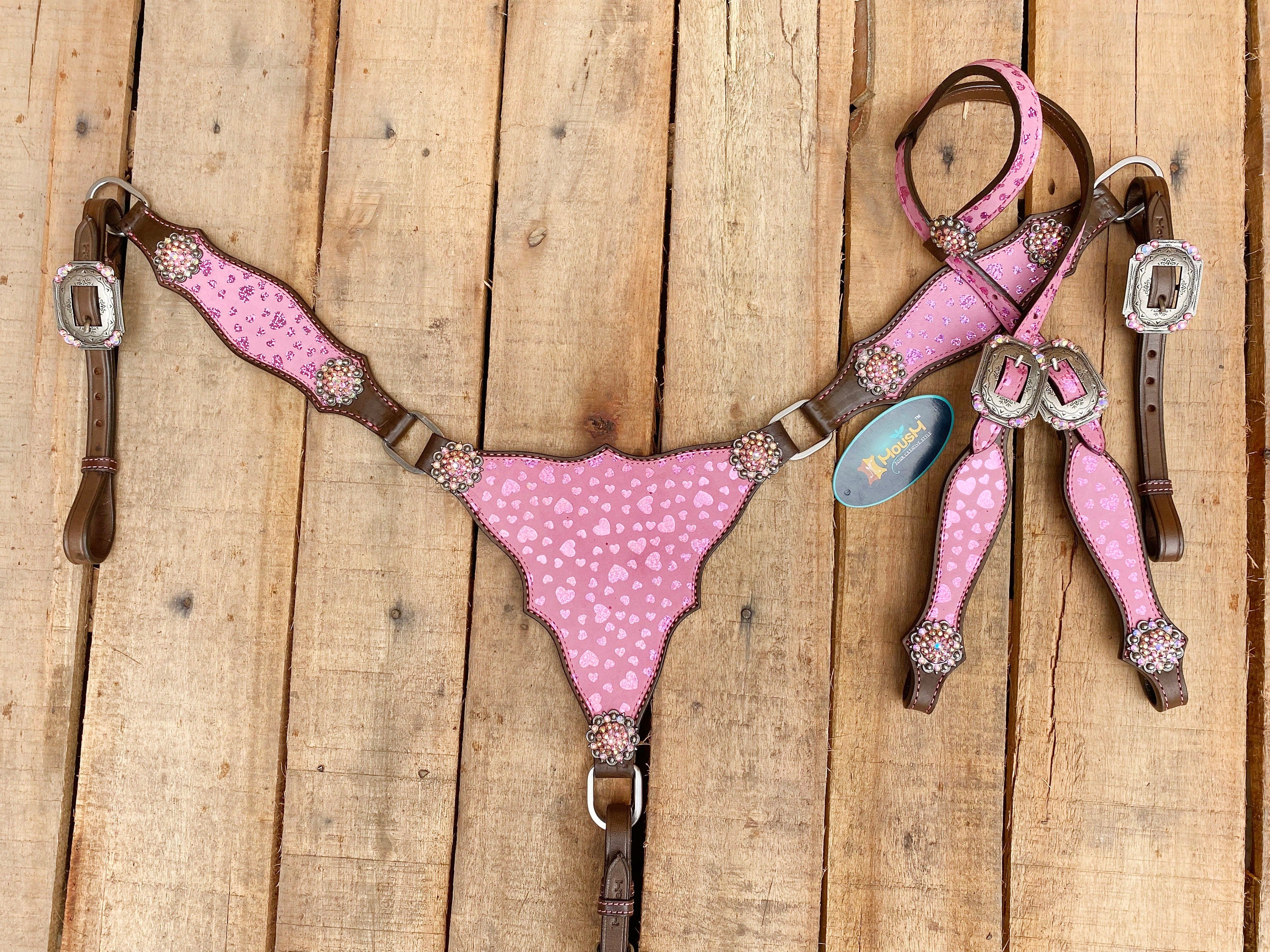 MOUSM Valentine’s Day Western Leather Headstall and Breast Collar Set – Printed Pink Heart Patch & Rhinestone Concho