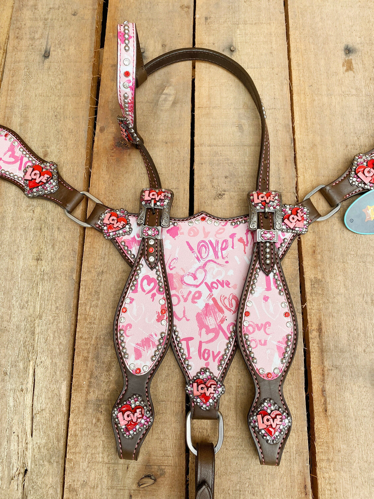 "I Love You" Heart Patch with Silver Studs Headstall Tack Set