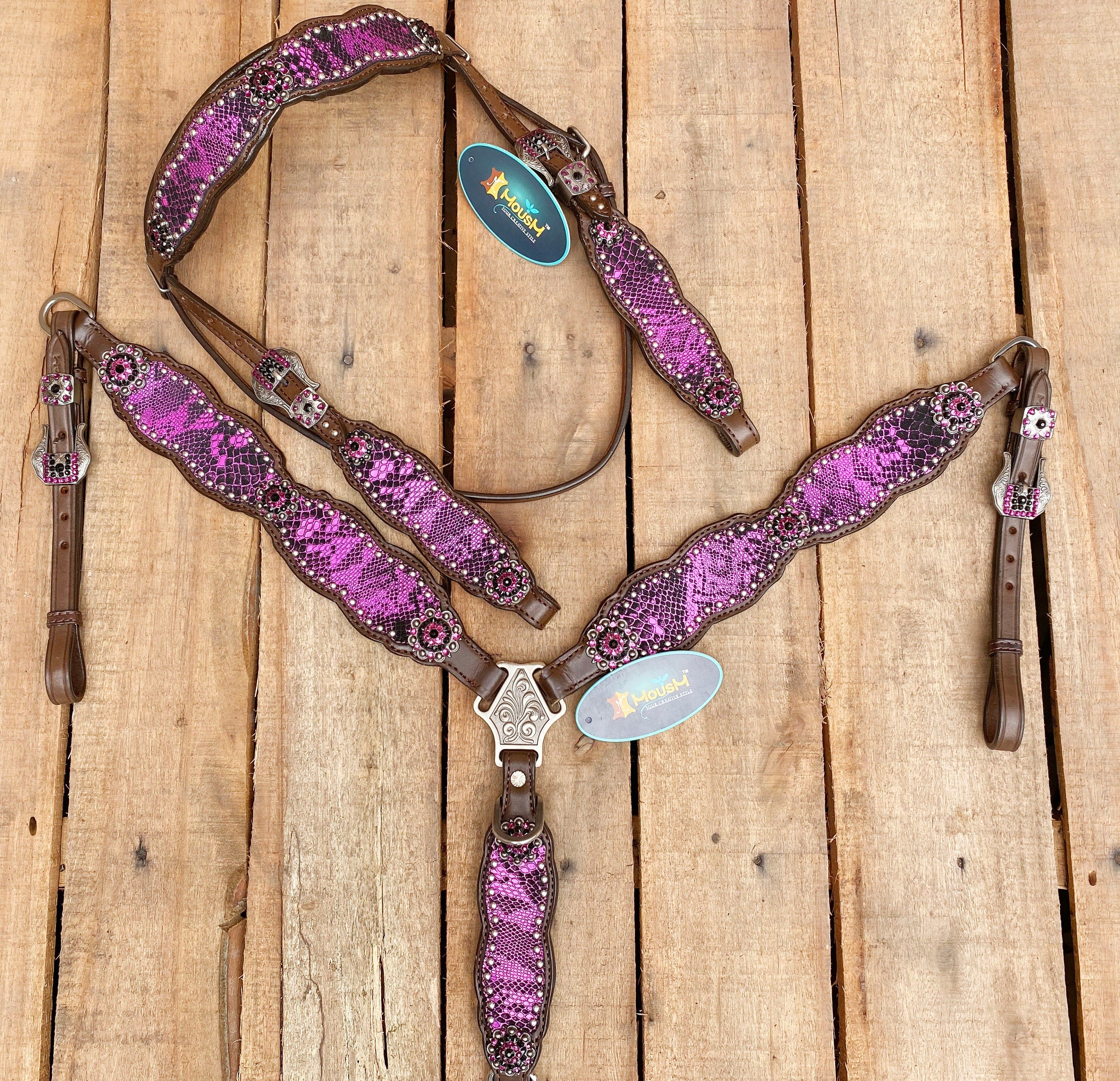 MOUSM Valentine Day Western Leather Browband Headstall and Breast Collar Set – Decorated with Pink Alligator Inlay with Rhinestones and Matching Conchos