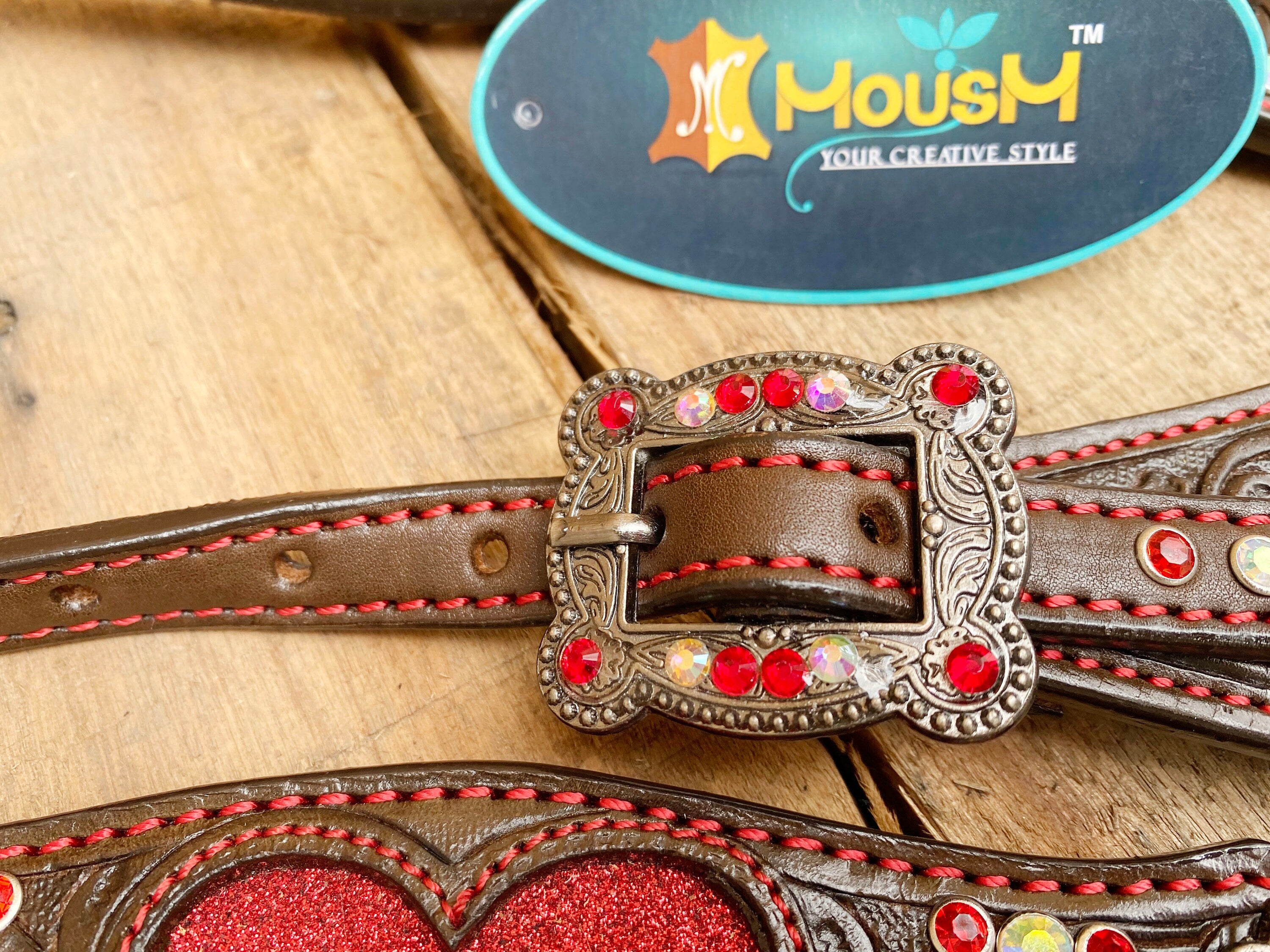 MOUSM Valentine Day Western Leather Headstall and Breast Collar Set – Decorated with Red Heart Cut Patch with Red Rhinestone Concho & Two-Tone Glitter Fringe