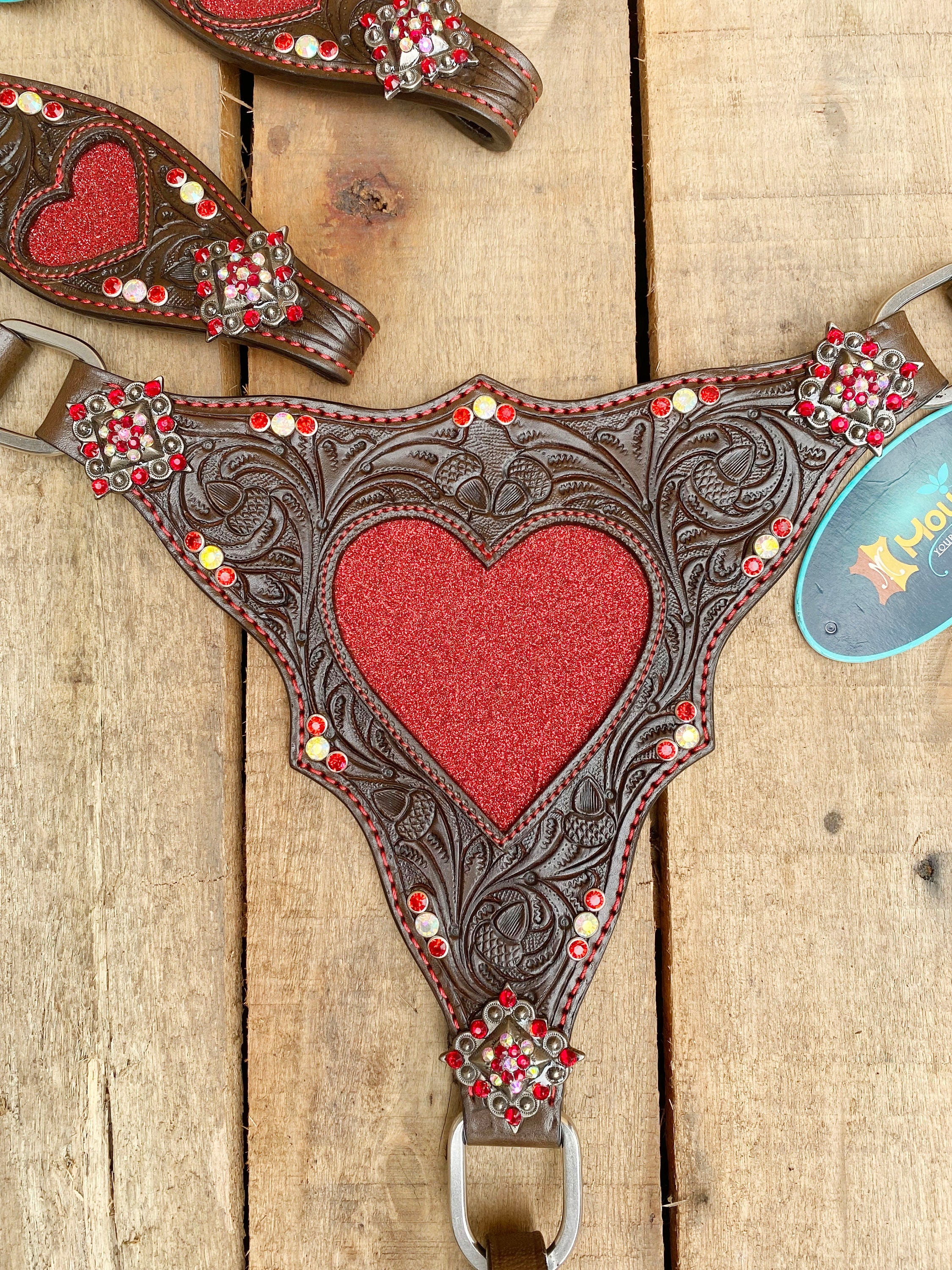 MOUSM Valentine Day Western Leather Headstall and Breast Collar Set – Decorated with Red Heart Cut Patch with Red Rhinestone Concho & Two-Tone Glitter Fringe