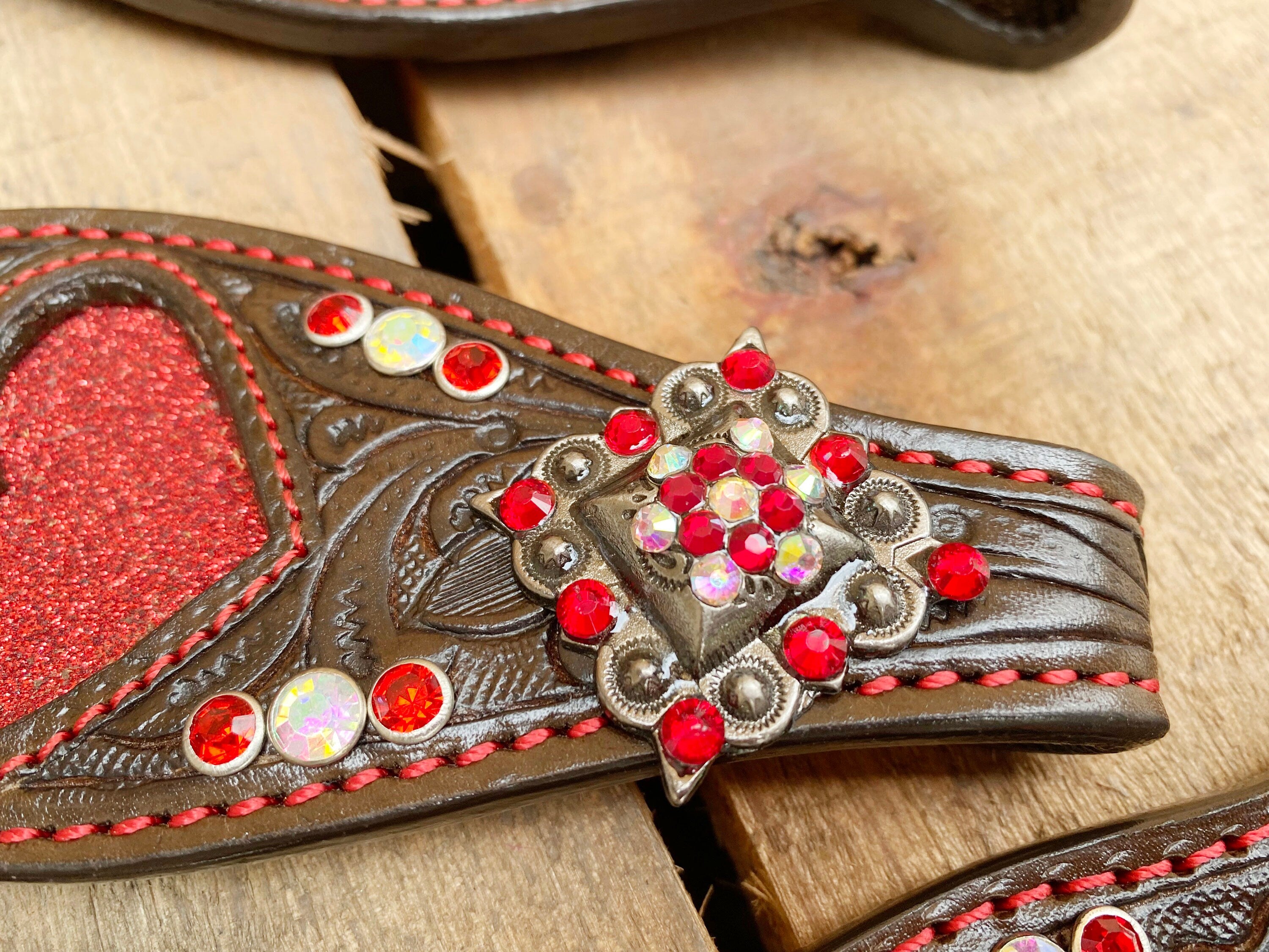 MOUSM Valentine Day Western Leather Headstall and Breast Collar Set – Decorated with Red Heart Cut Patch with Red Rhinestone Concho & Two-Tone Glitter Fringe
