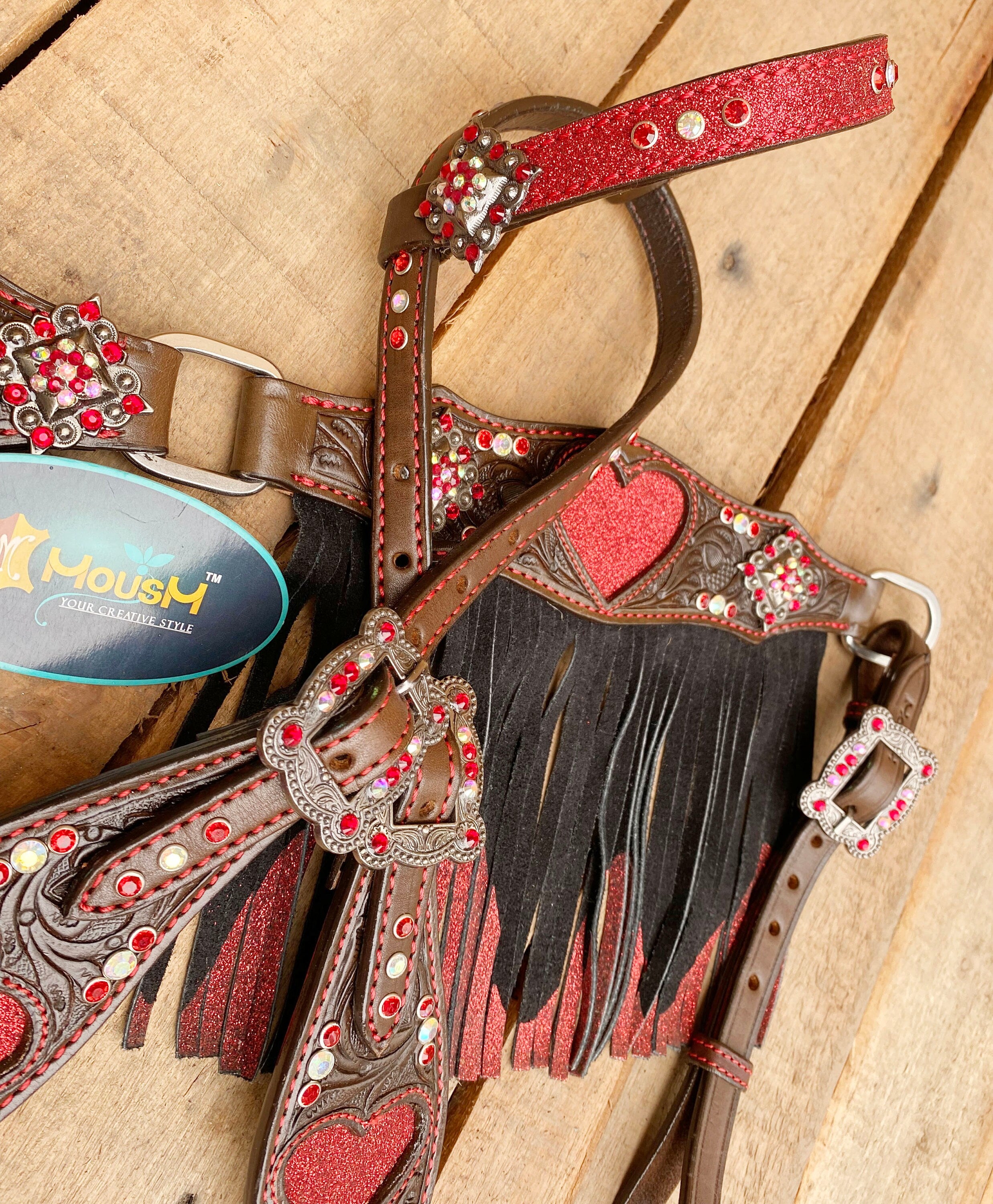 MOUSM Valentine Day Western Leather Headstall and Breast Collar Set – Decorated with Red Heart Cut Patch with Red Rhinestone Concho & Two-Tone Glitter Fringe