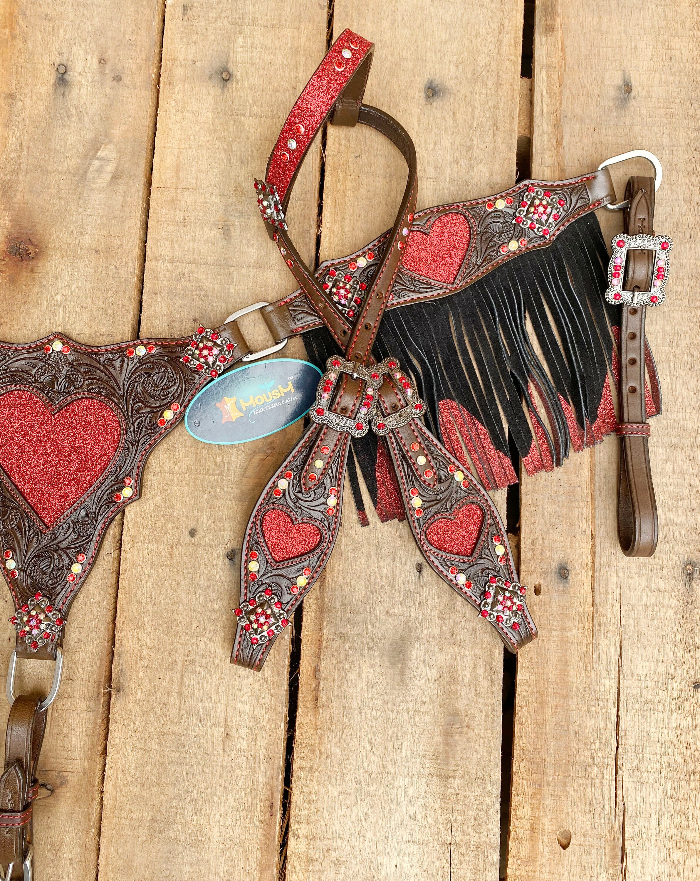 MOUSM Valentine Day Western Leather Headstall and Breast Collar Set – Decorated with Red Heart Cut Patch with Red Rhinestone Concho & Two-Tone Glitter Fringe