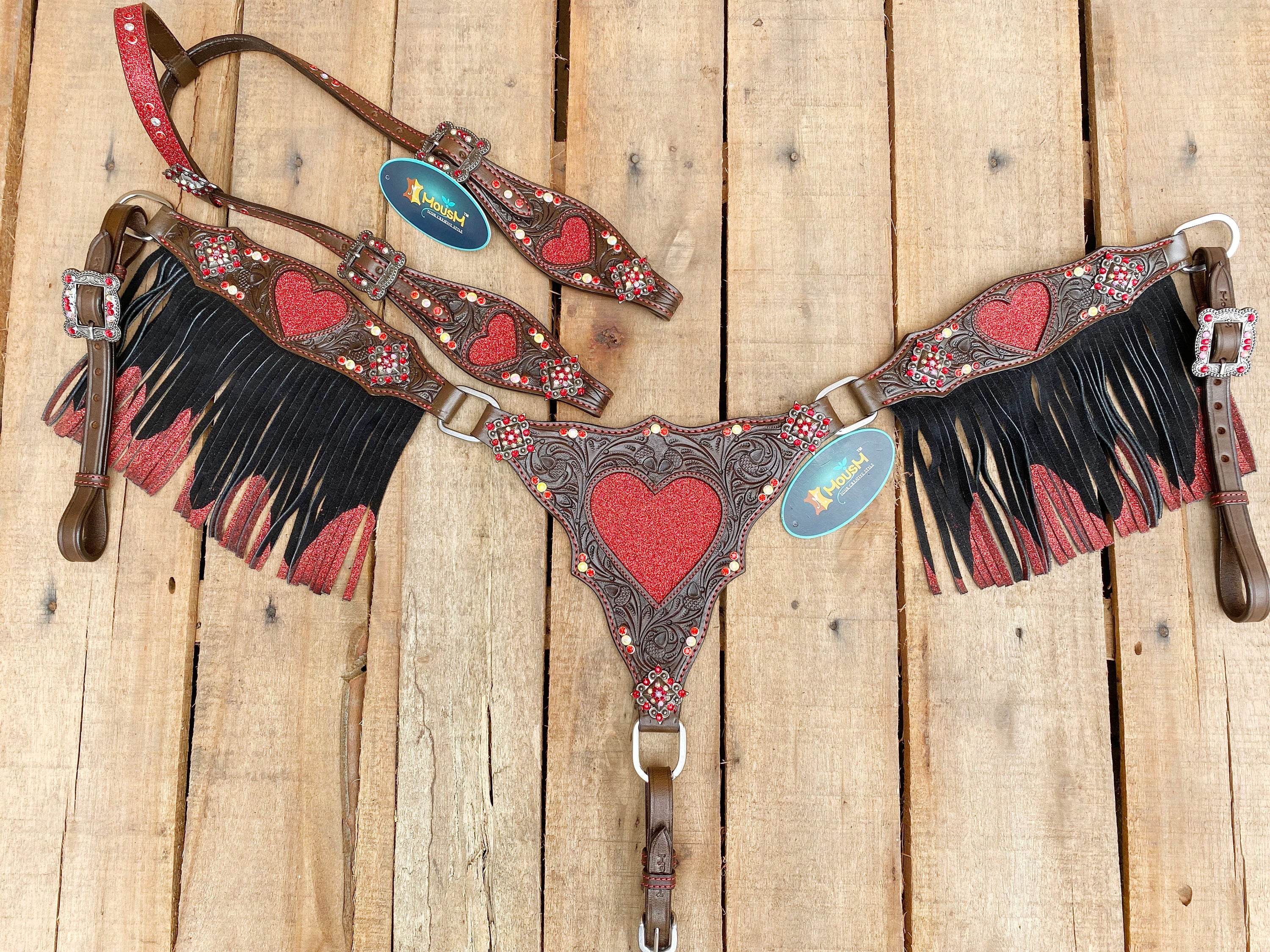 MOUSM Valentine Day Western Leather Headstall and Breast Collar Set – Decorated with Red Heart Cut Patch with Red Rhinestone Concho & Two-Tone Glitter Fringe
