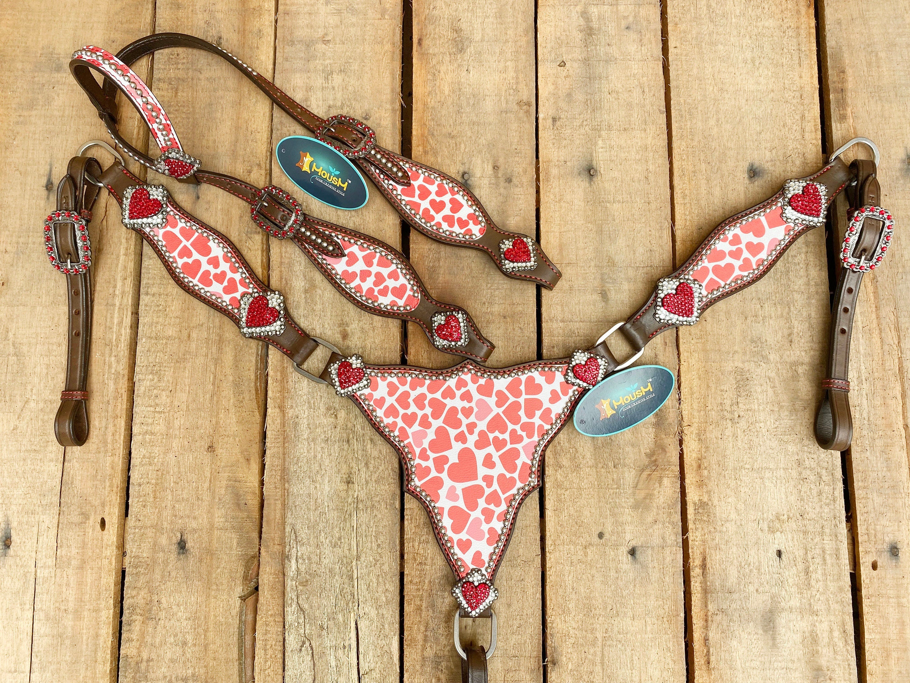 MOUSM Valentine Day Western Leather Headstall and Breast Collar Set – Printed Pink Heart Patch with Red Heart Concho, Perfect Valentine’s Gift