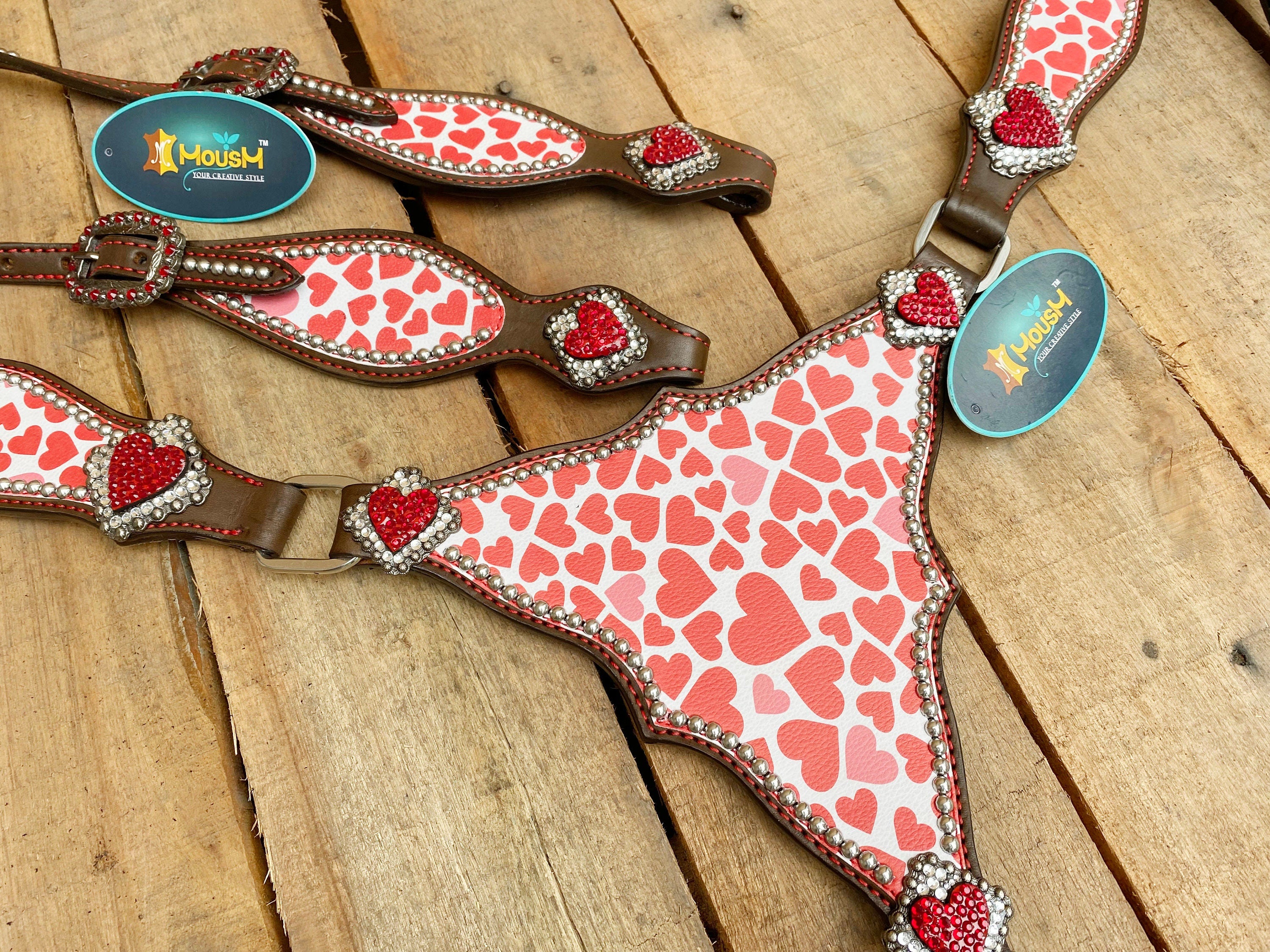 MOUSM Valentine Day Western Leather Headstall and Breast Collar Set – Printed Pink Heart Patch with Red Heart Concho, Perfect Valentine’s Gift