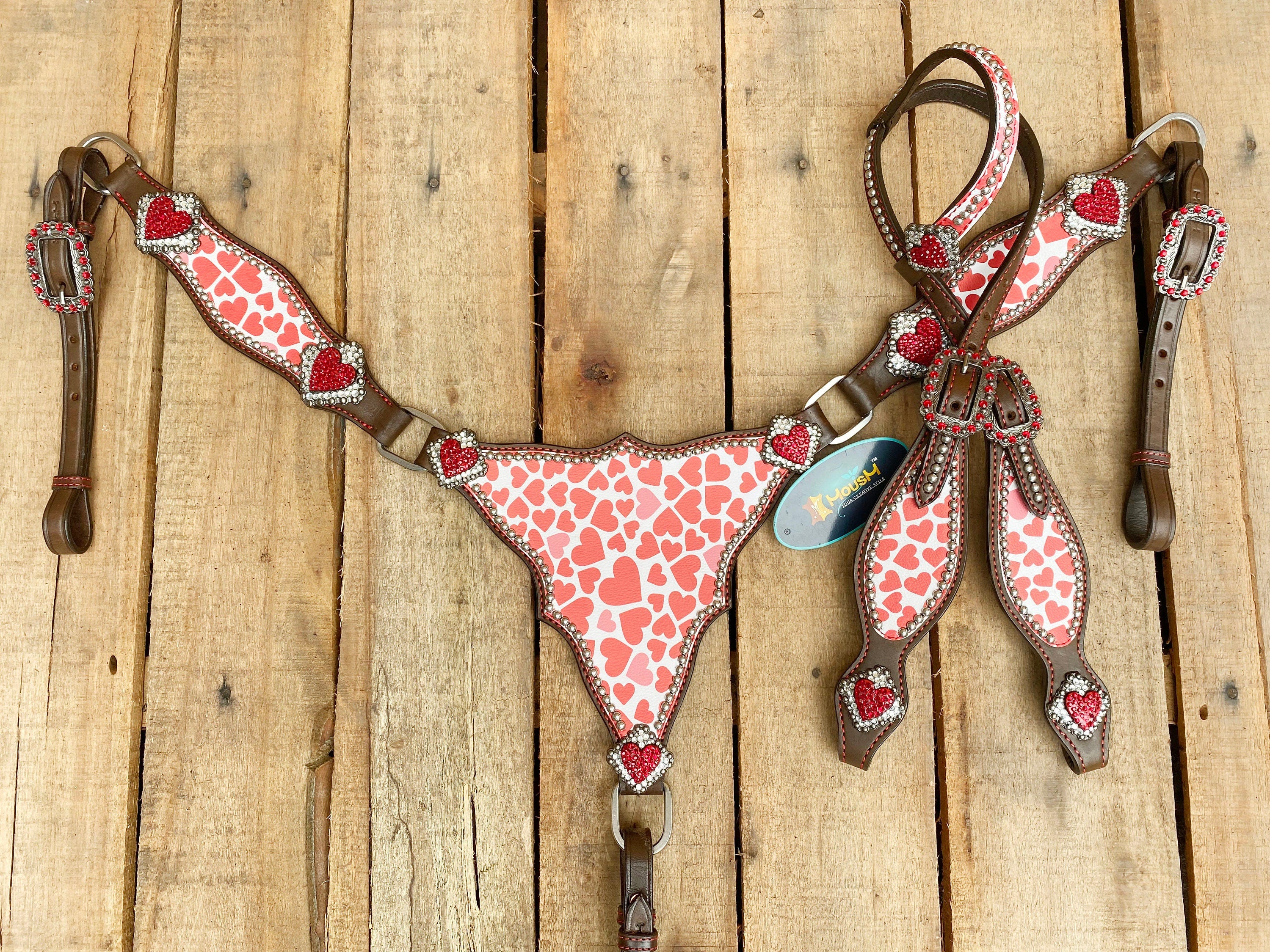 MOUSM Valentine Day Western Leather Headstall and Breast Collar Set – Printed Pink Heart Patch with Red Heart Concho, Perfect Valentine’s Gift