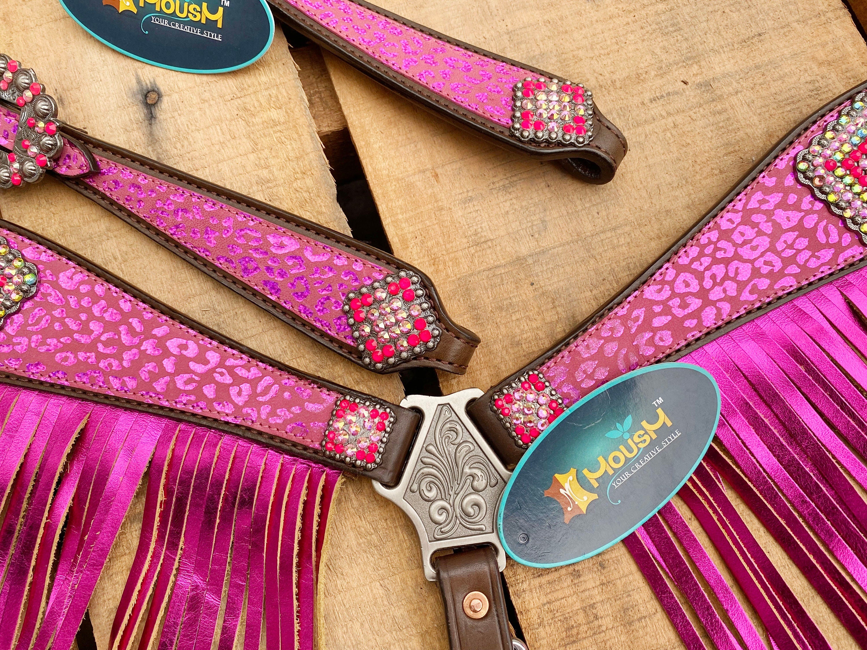 MOUSM Valentine Day Western Argentina Cow Leather Headstall and Breast Collar Set - Decorated with Pink Leopard Print with Red Rhinestones & Fringe