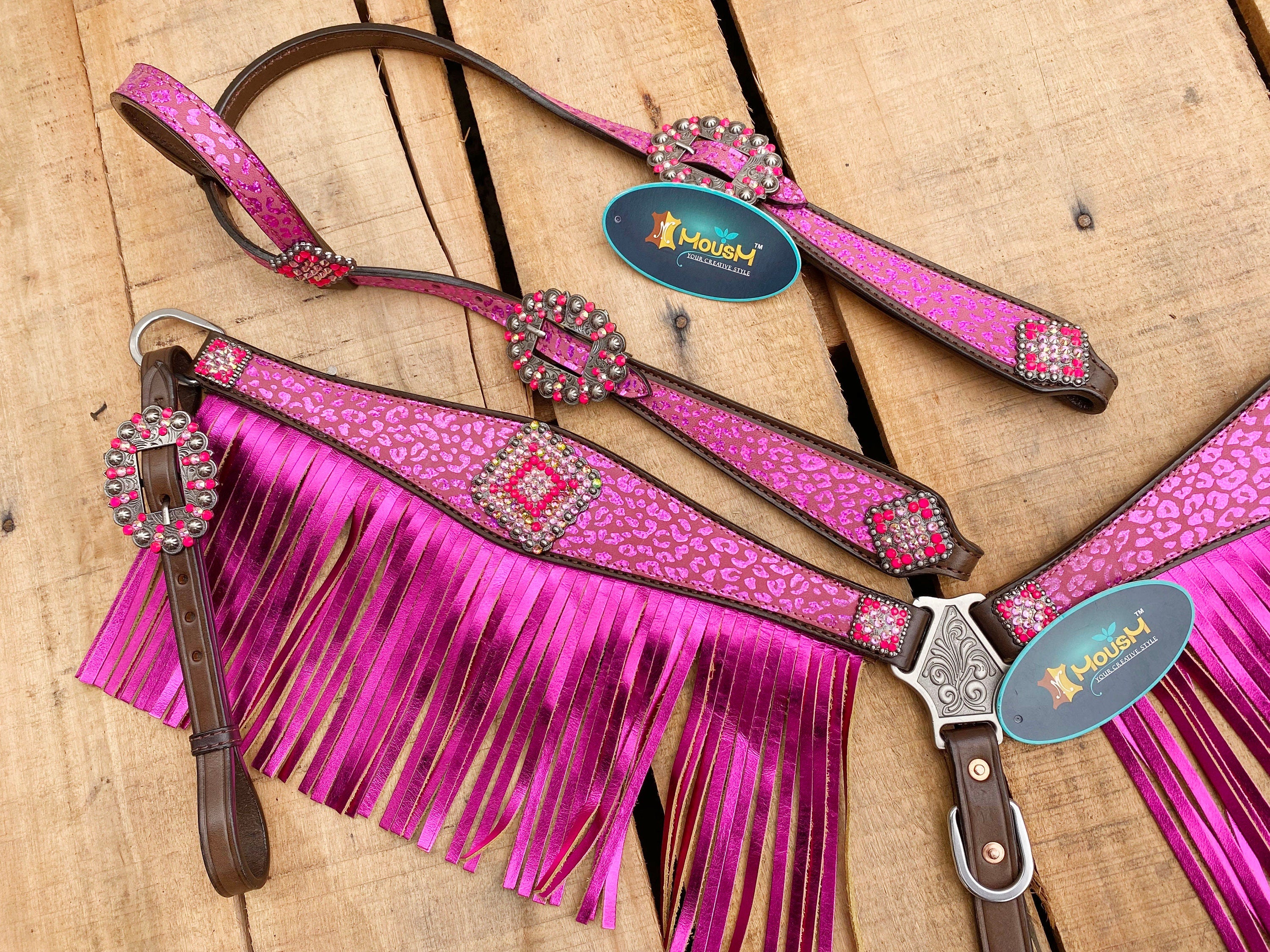 MOUSM Valentine Day Western Argentina Cow Leather Headstall and Breast Collar Set - Decorated with Pink Leopard Print with Red Rhinestones & Fringe
