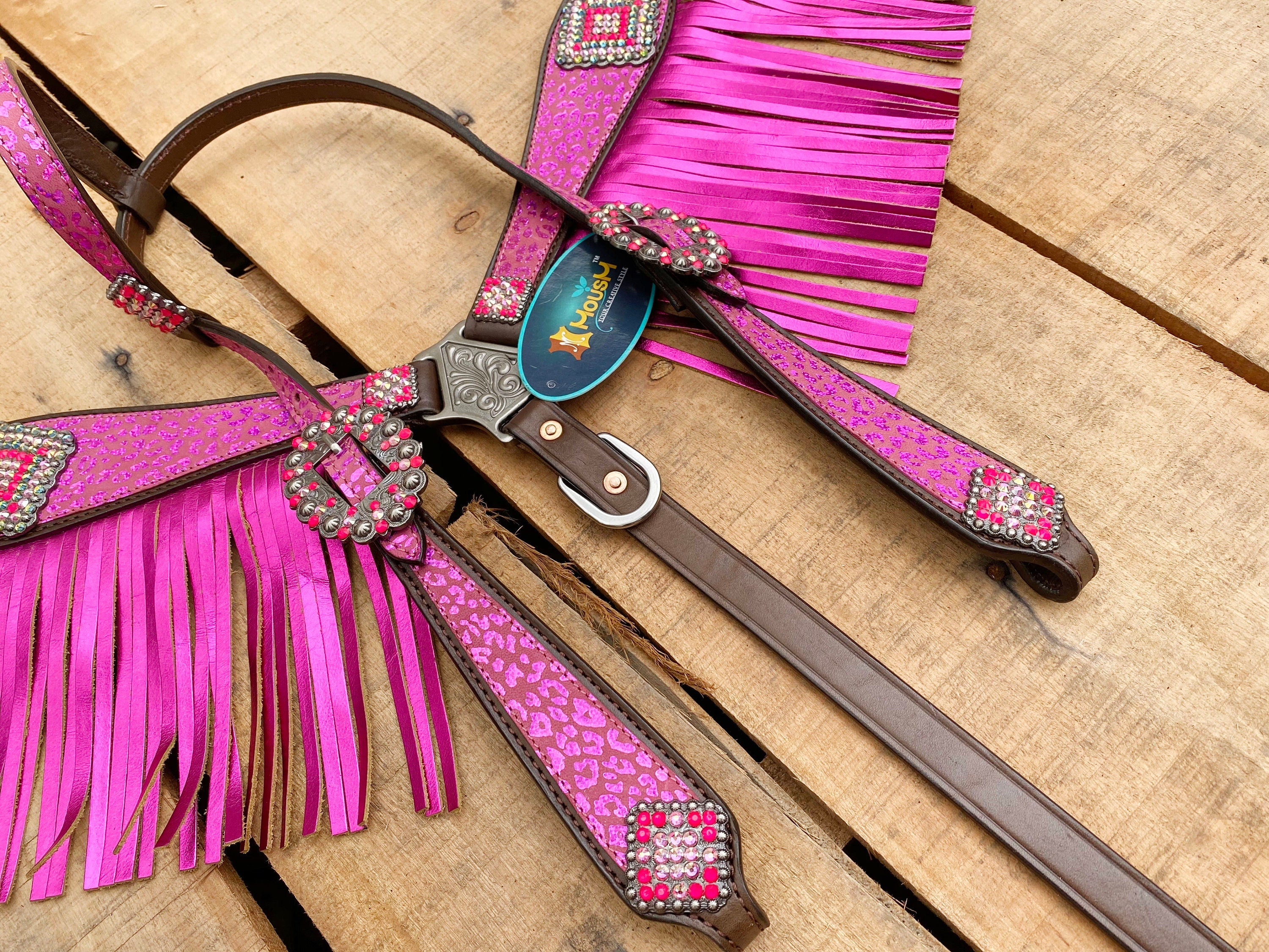 MOUSM Valentine Day Western Argentina Cow Leather Headstall and Breast Collar Set - Decorated with Pink Leopard Print with Red Rhinestones & Fringe