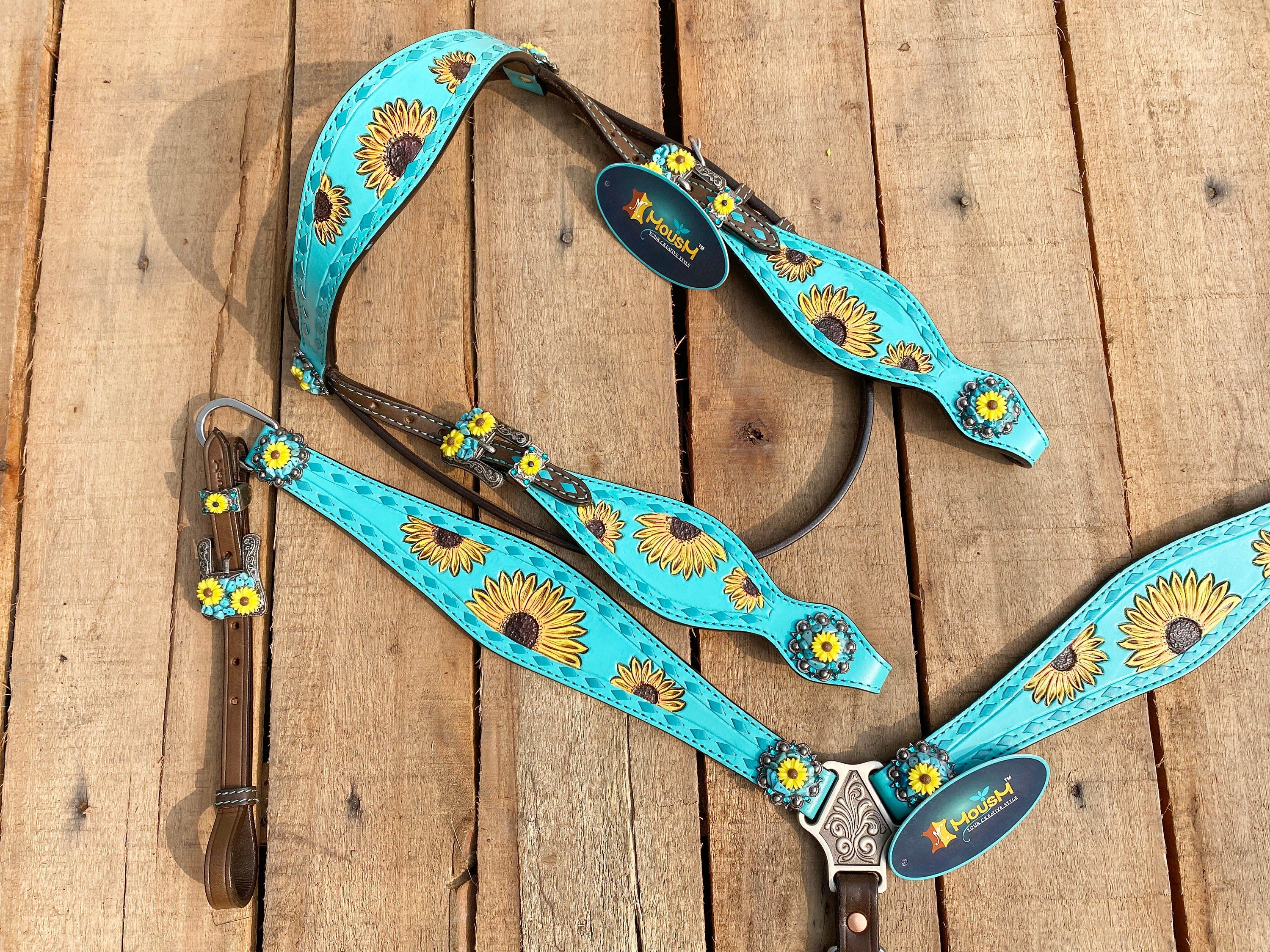 MOUSM Western Horse Tack Collection – Western Bridles and Headstalls Decorated Hand-Tooled Sunflower & Turquoise Concho Design